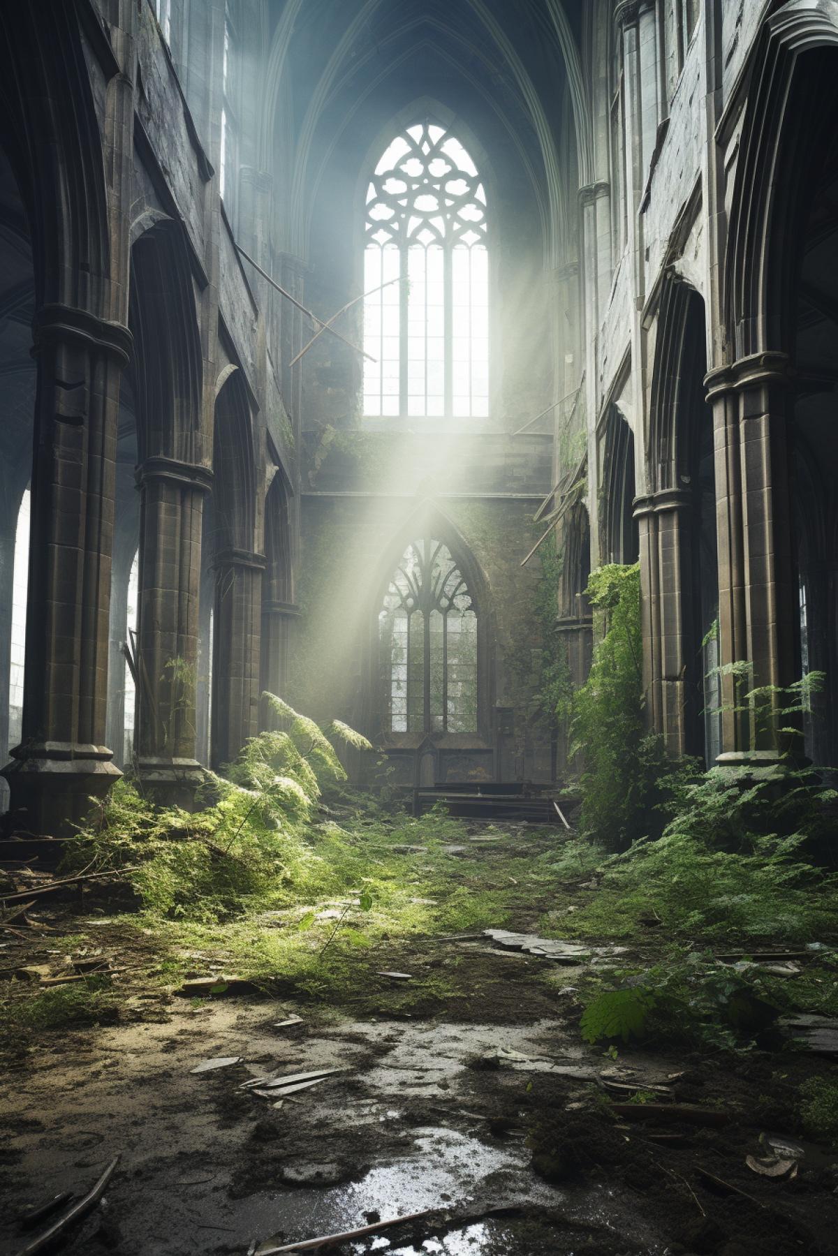 extra wide angle interior view, hyper-realist photography, extra sharp view, deep perspective, super detailed, intricate details, sharp, hyperrealistic, high quality, octane render 5, the majestic abandoned catholic cathedral edinburgh, vegetation, plants, moss, fog, mist, ornament, renesans, spooky, fallout, decay, oblivion