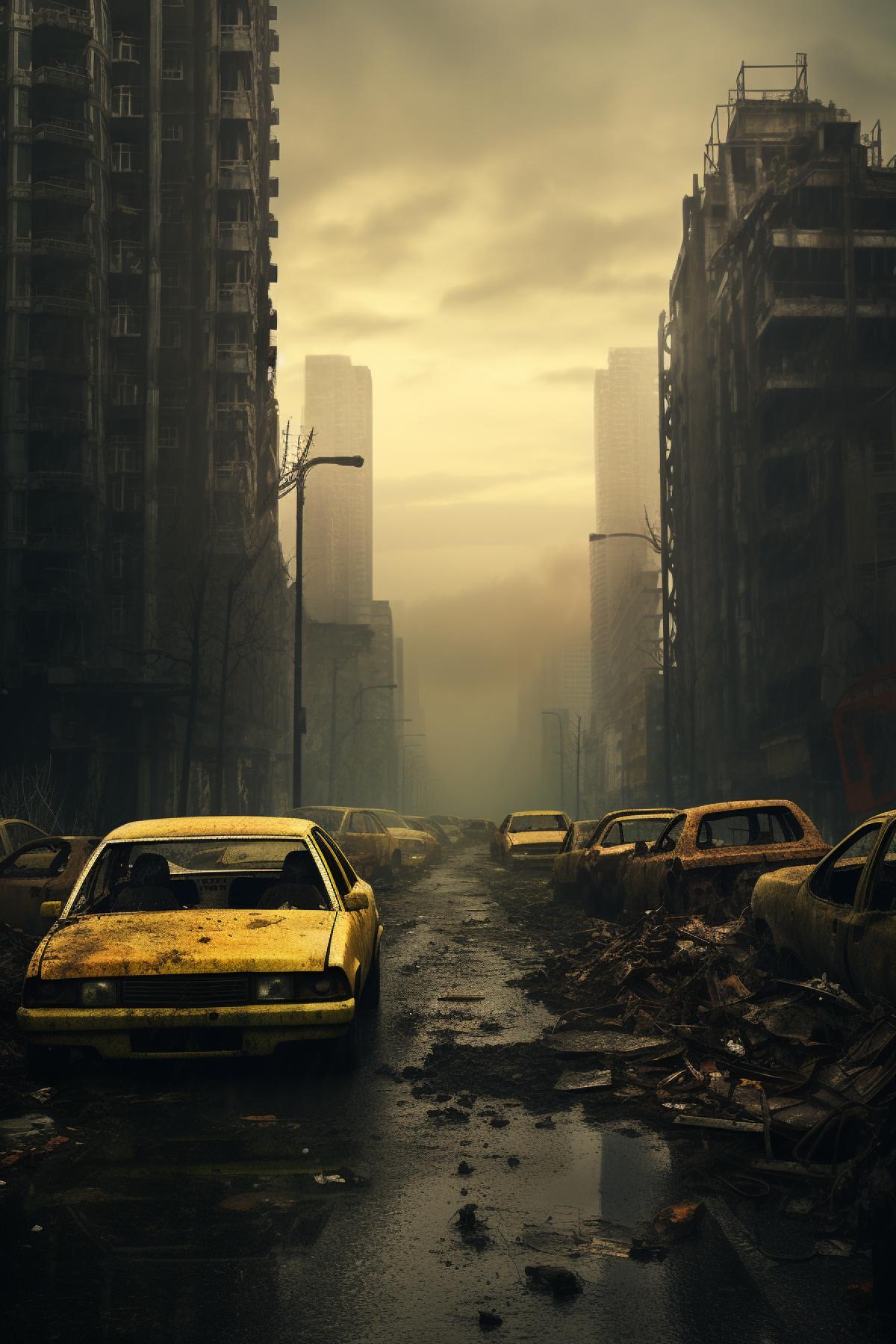 A desolate, post-apocalyptic cityscape, with crumbling skyscrapers and abandoned cars. The city is dark and foreboding, with a sense of danger and decay. The sky is grey and overcast, with a thick, yellow, toxic fog. The image is shot in a bleak, dystopian style, with a sense of hopelessness and despair. The com4k is balanced and dynamic, with the city arranged in the background and a lone figure standing in the foreground. The image is shot with a Canon EOS 5D Mark IV and Fujifilm Superia X-TRA 400 film.