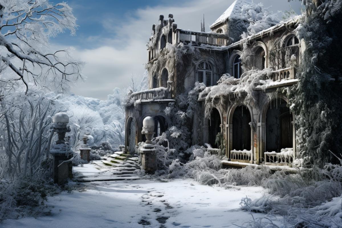 abandon villa in snow, ultra detailed, photo realistic