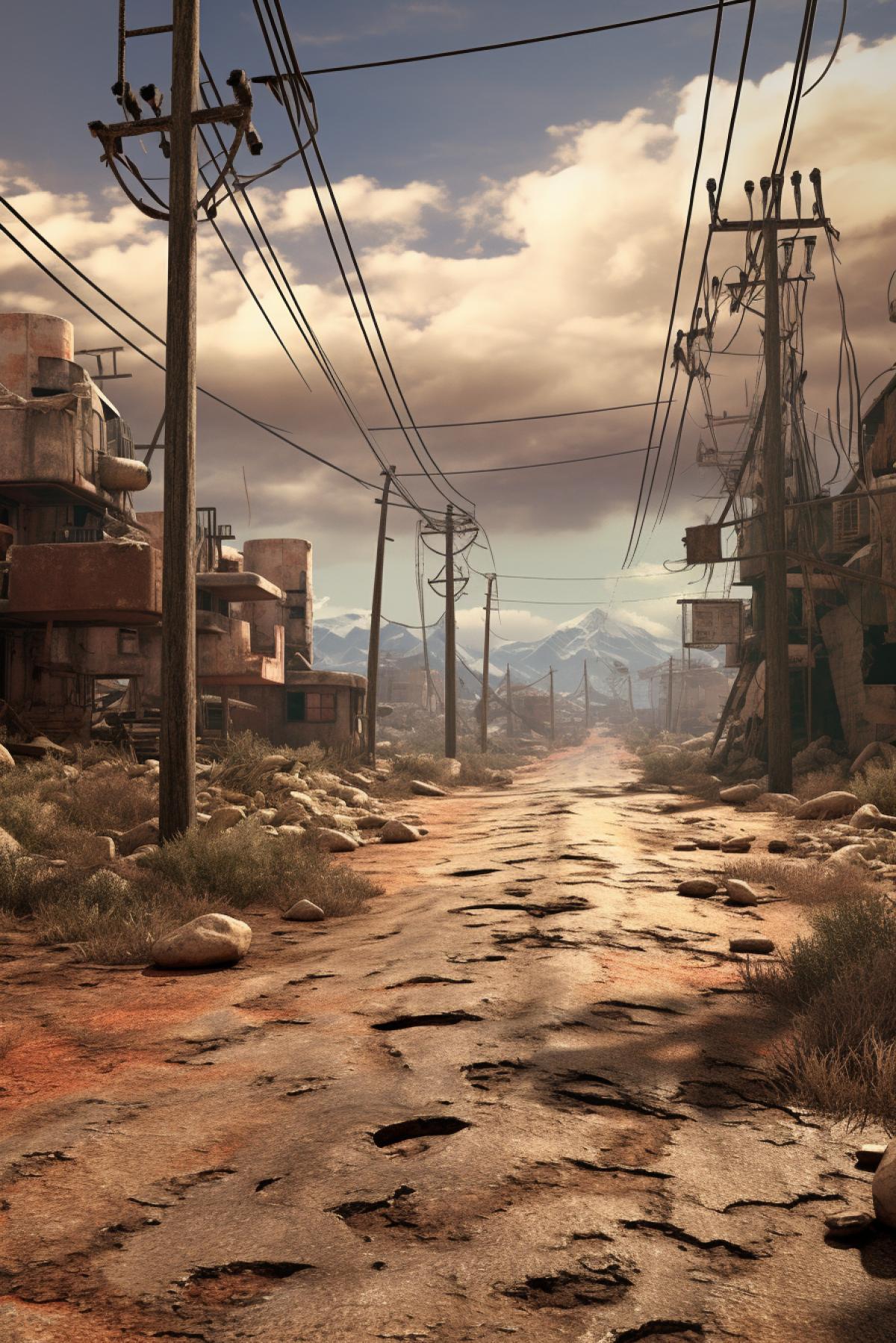 Photorealistic cinematic post apocalyptic background, very detailed, realistic