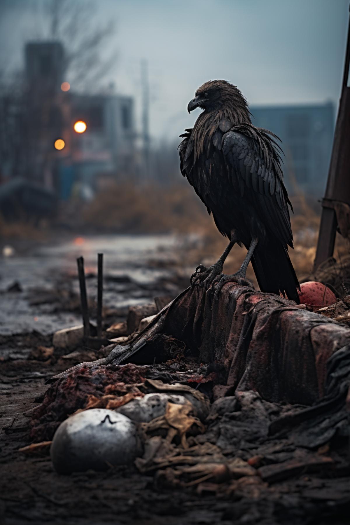 crow sitting on a skull beside a pile of dirty decaying rotting dead bodies lying at the side of a post-apocalyptic city, a post-apocalyptic dirt road