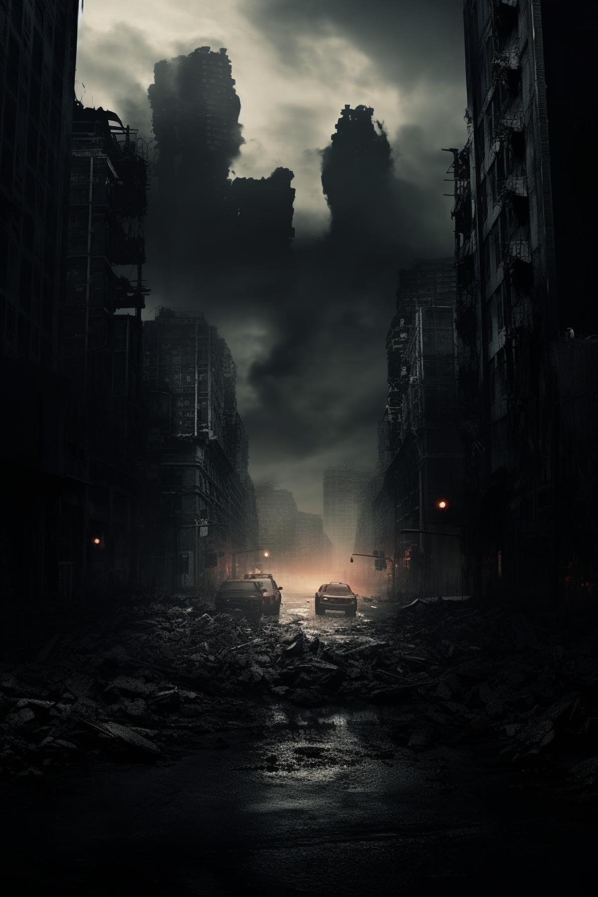 a dark and white photo of a city street, a matte painting by Mór Than, cgsociety, brutalism, apocalypse art, dystopian art, ominous