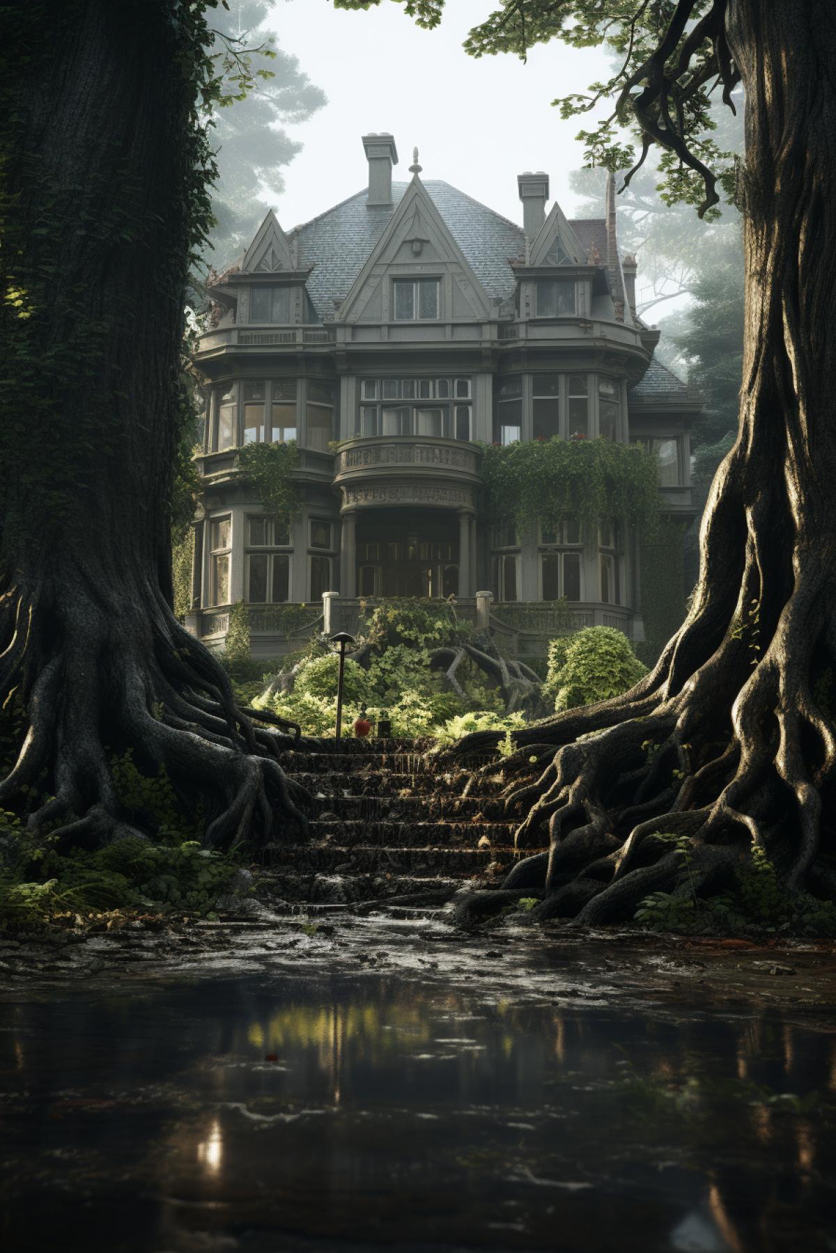 tree roots mansion, heavy rain, architecture, forest, unreal engine, photo real, realistic, cinematic, 8k render