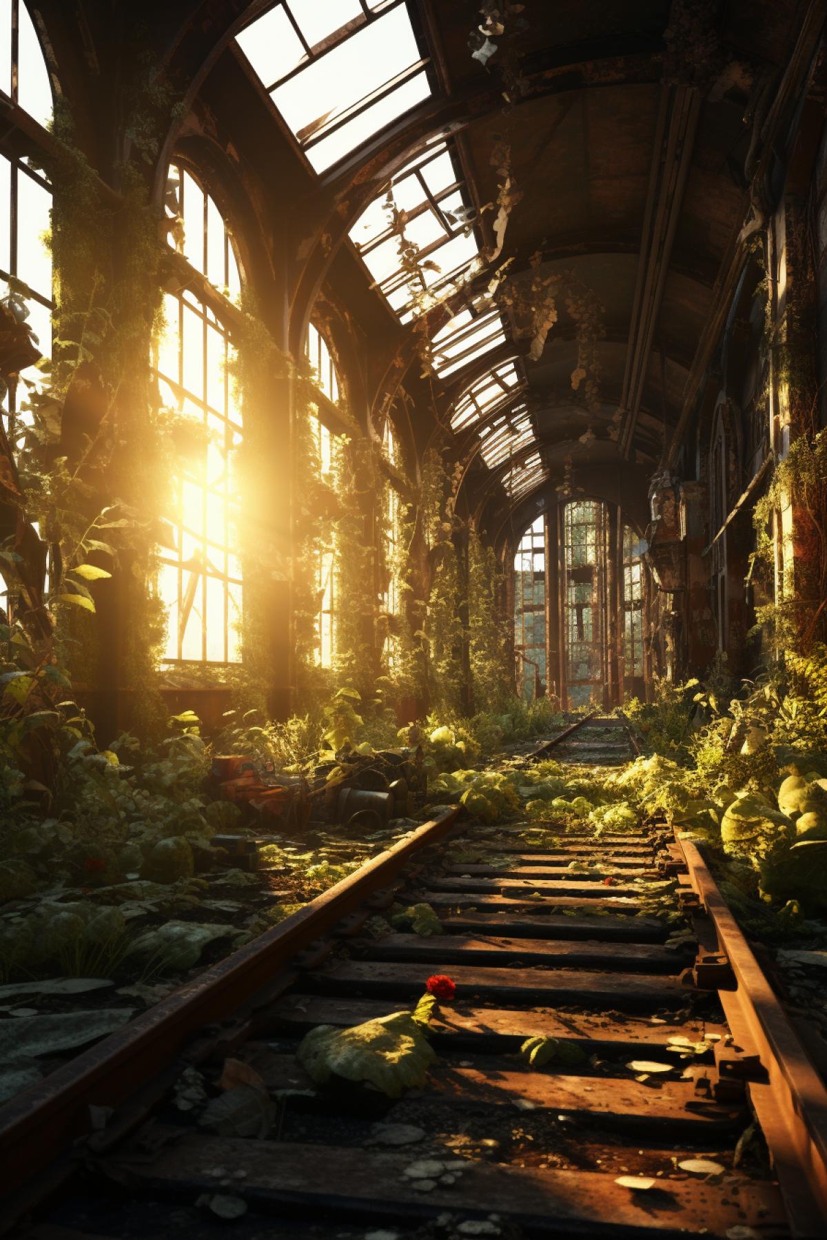 Stunning Overgrown abandoned post-apocalyptic city, Abandoned trainstation, golden hour, Hyperdetailed, Cinematic lighting, volumetric lighting, ivan shishkin, eddie mendoza, HD, 8k, intricate detail, Alben Tan, Shaddy Safadi