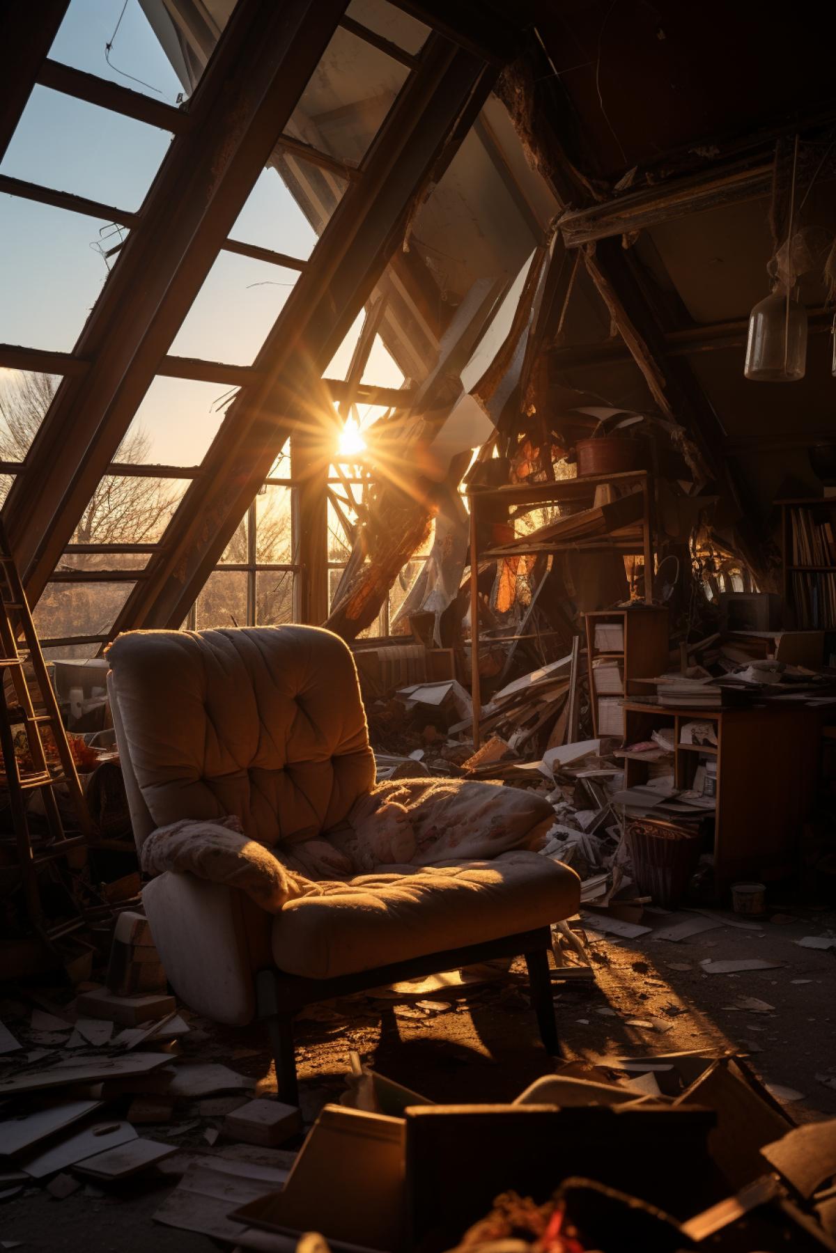 horror, abandoned vintage mansard interior, urbex, vintage furniture by Pierre Paulin, lost masterpiece art sculptures, dead architecture, sharp sunset sunlight, liminal space, falling apart, 80s style, photorealistic shot by Sony a7iii, iso 100, f/10, 30mm, light rays, deep sharp shadows, night, depth of field, volumetric lighting, ray tracing, global illumination, ambient occlusion, rtx, back light, cinematic, crepuscular light, dramatic lighting, urban exploration, highly detailed, award-winning shot