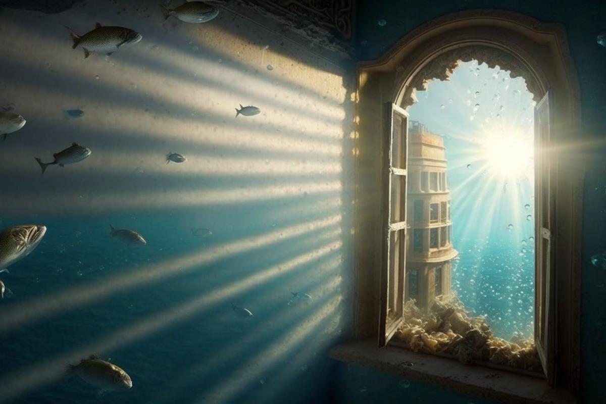 an underwater city at the bottom of the sea, empty houses, dark broken windows, the rays of the sun shine through the water column, flocks of fish swim through windows and doors