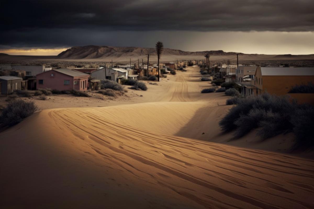 desert in the USA, a straight narrow asphalt road passes through a deserted small one-story town covered with sand
