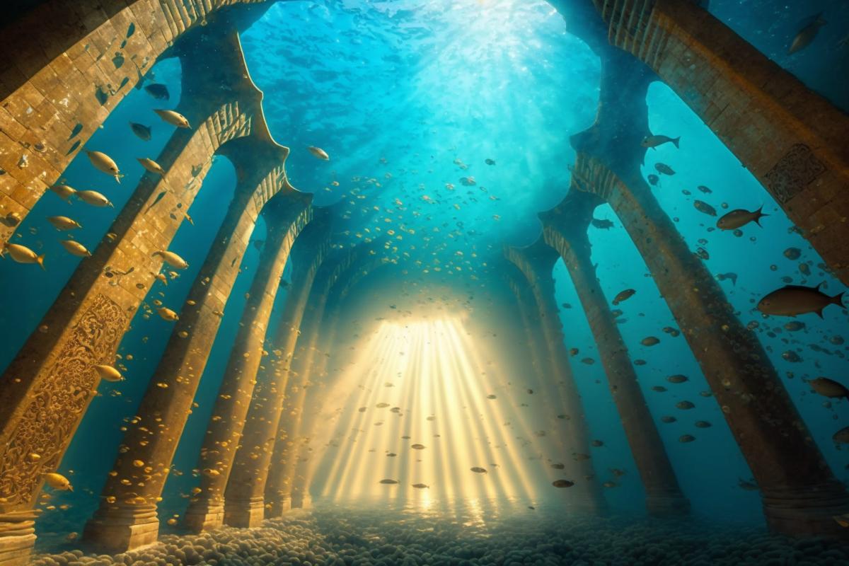 an underwater city at the bottom of the sea, empty houses, dark broken windows, the rays of the sun shine through the water column, flocks of fish swim through windows and doors