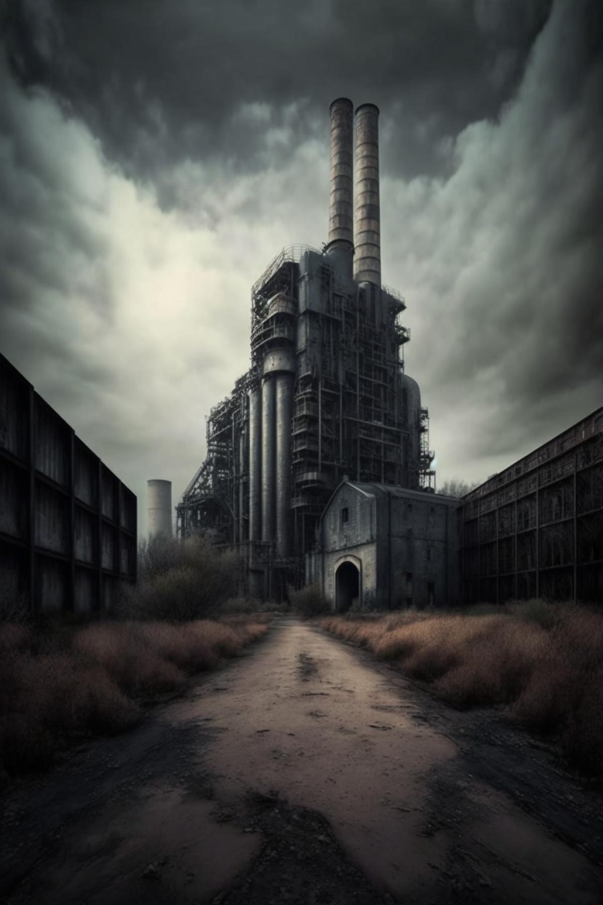 Abandoned gloomy city, soot, soot, abandoned industrial area
