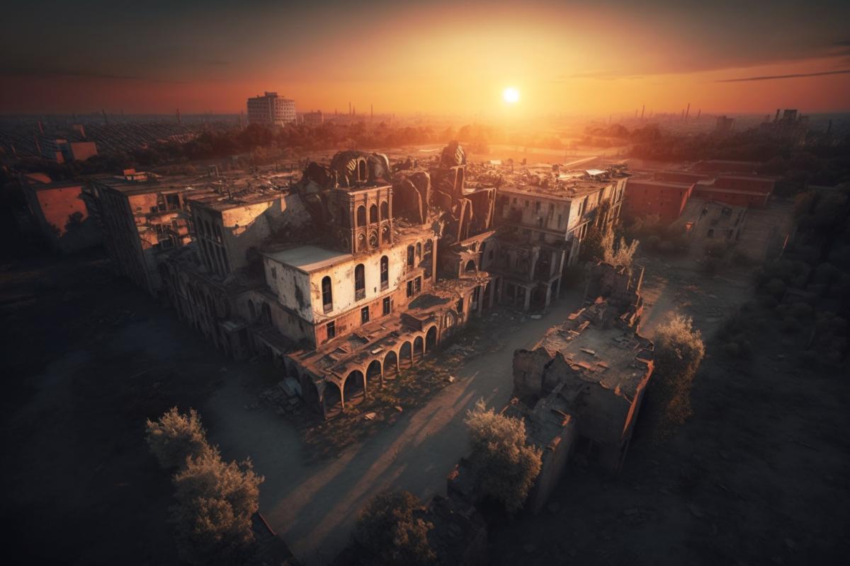 aerial photography of an abandoned metropolis, ruined architecture, amazing view, abandoned city, sunset