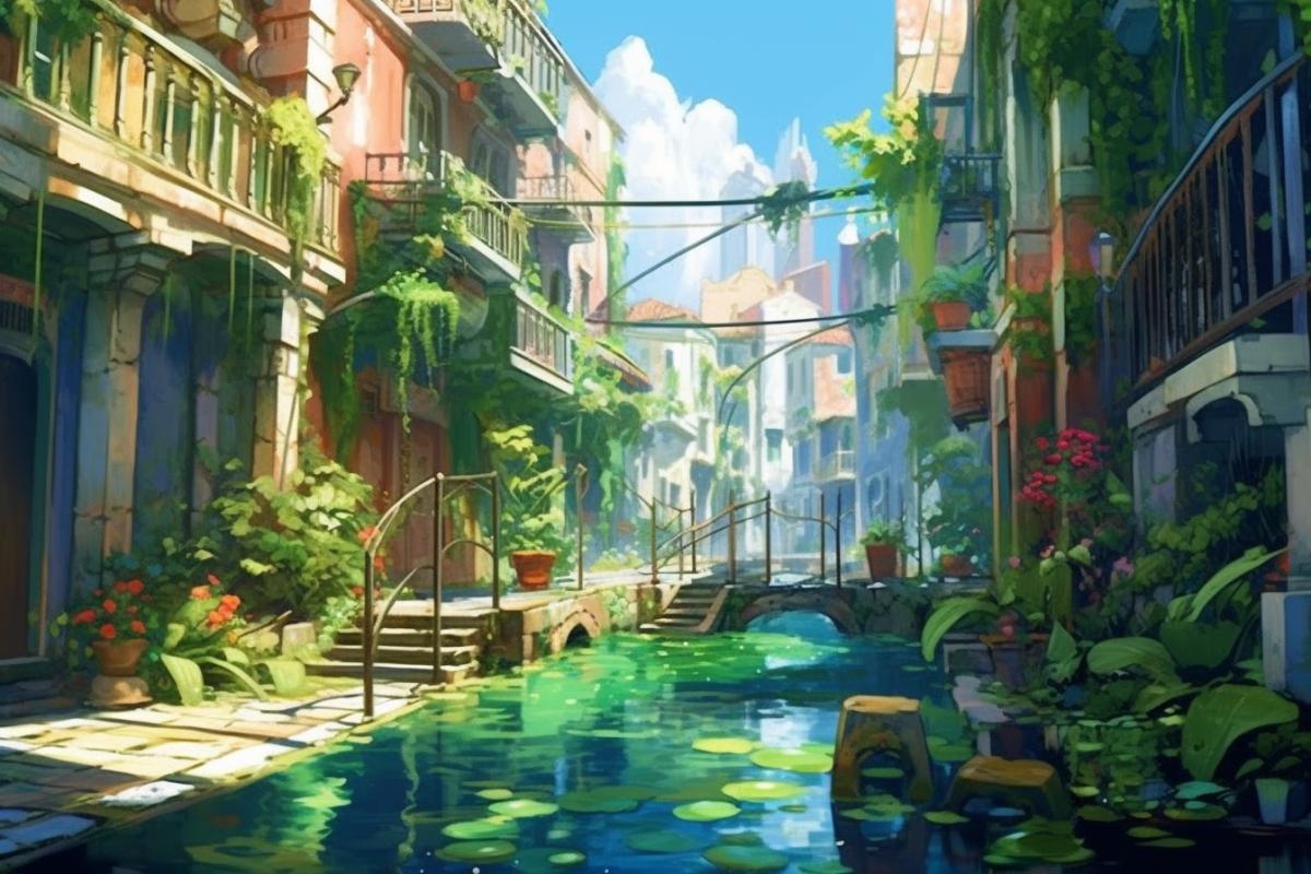 Abandoned Venice, sunny, green water, everything overgrown with plants, empty Venice