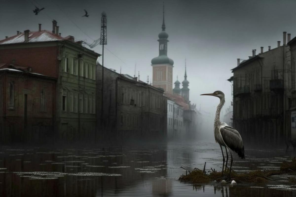 Abandoned Russia, the city drowned in a swamp in the fog. Heron.