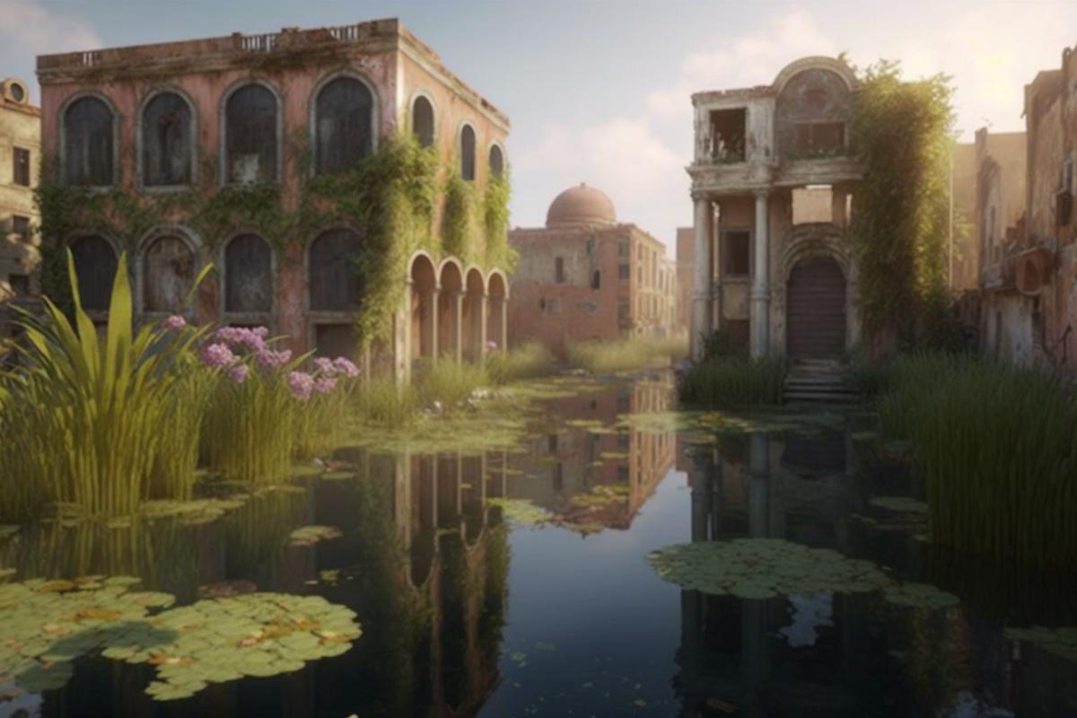 Abandoned Venice, ruined houses, sunny, green water, everything overgrown with plants, empty Venice
