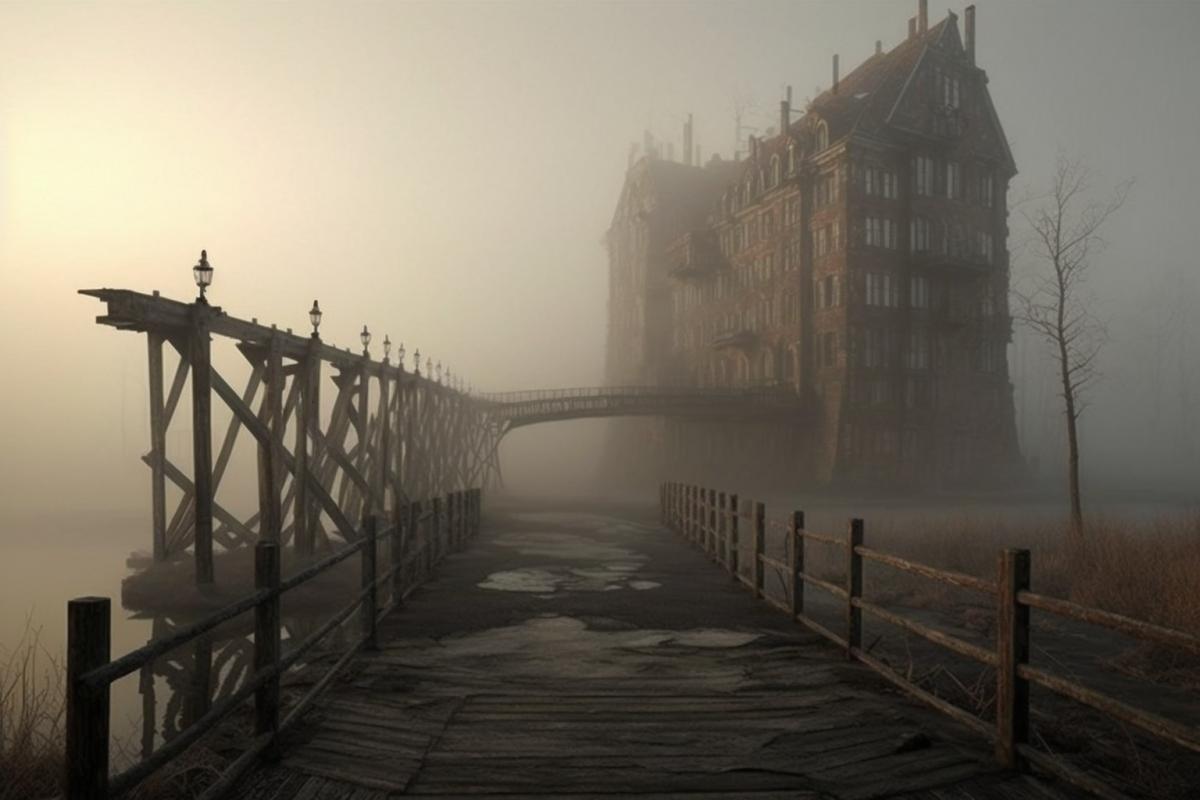 Abandoned swampy Petersburg, fog, sinister abandoned city