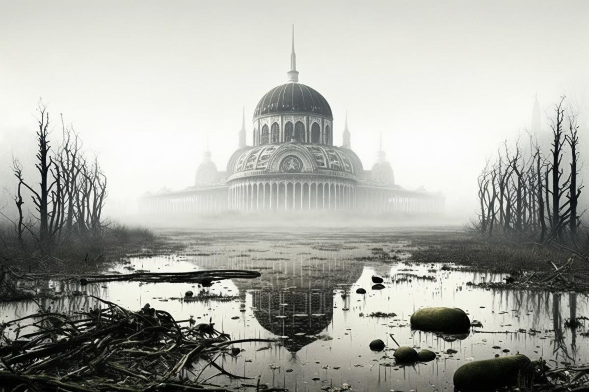 Abandoned swampy Petersburg, fog, sinister abandoned city
