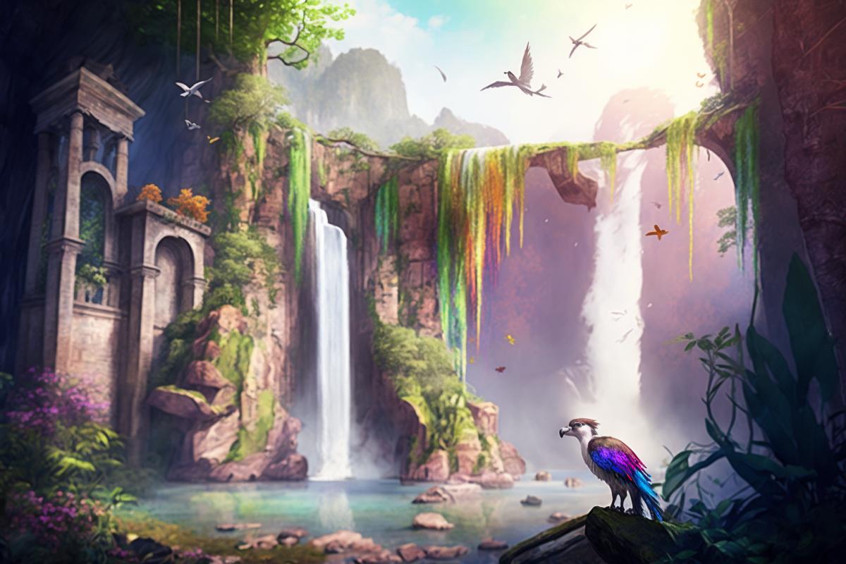 ruins of an ancient city in the jungle, creepers, monkeys, birds, lush vegetation, river, waterfall, rainbow, sunny day, realistic, detailed, HD, 8k