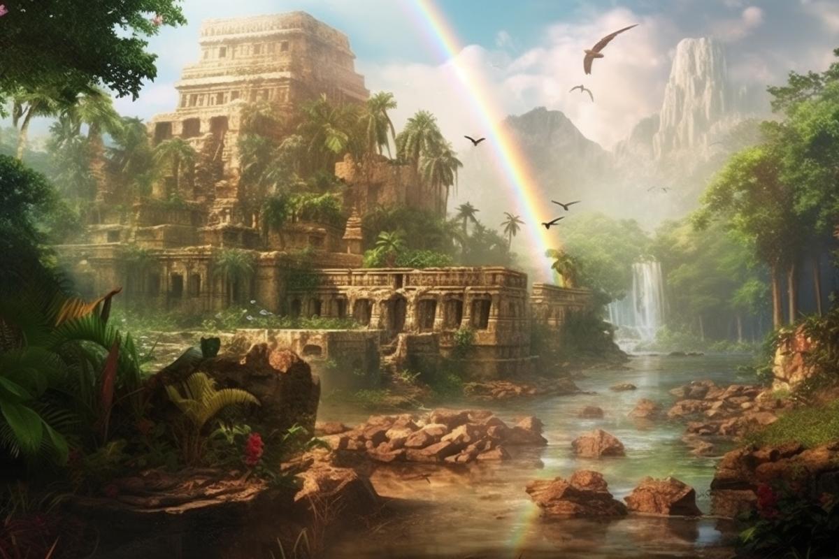 ruins of an ancient city in the jungle, tropical rainforest, exotic birds, butterflies, plants, river, waterfall, rainbow