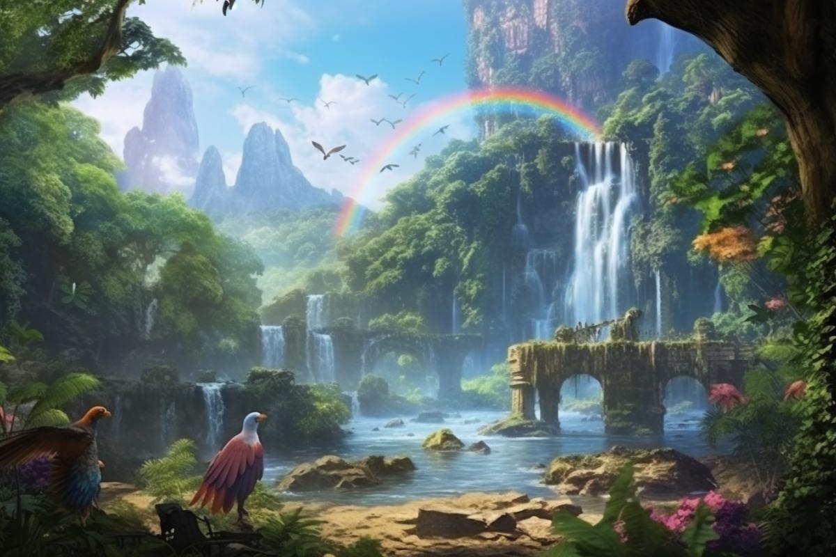 ruins of an ancient city in the jungle, tropical rainforest, exotic birds, butterflies, plants, river, waterfall, rainbow