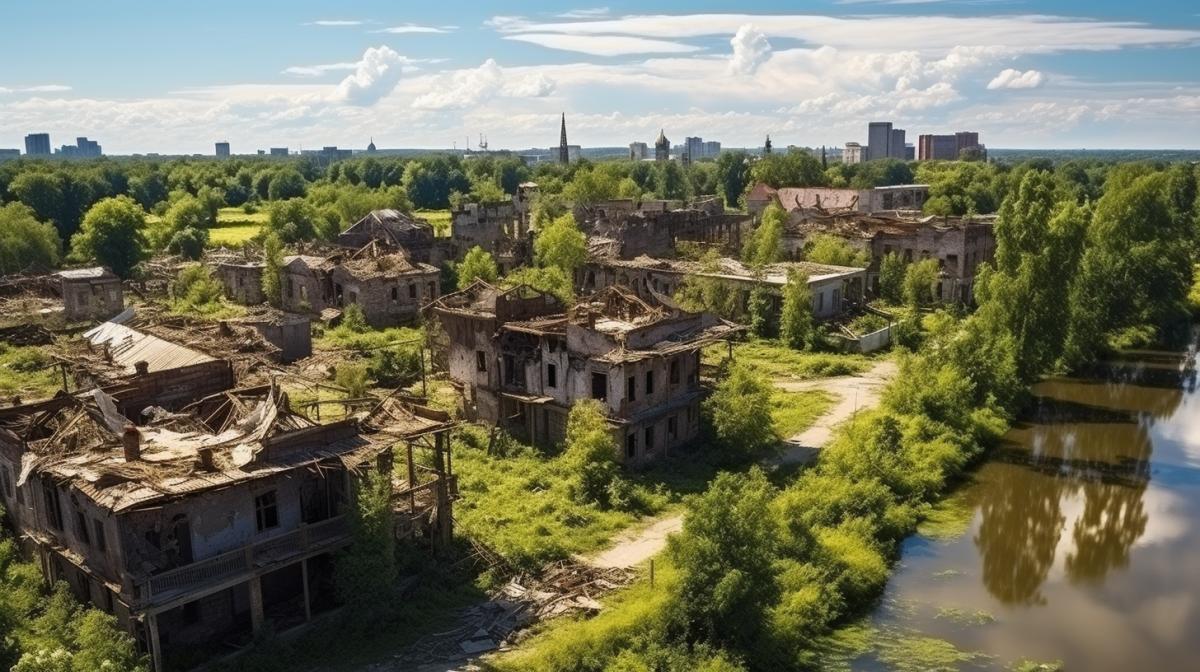 Abandoned old beautiful Russian city of wooden architecture summer landscape flowers trees sun birds-eye view large panorama best quality