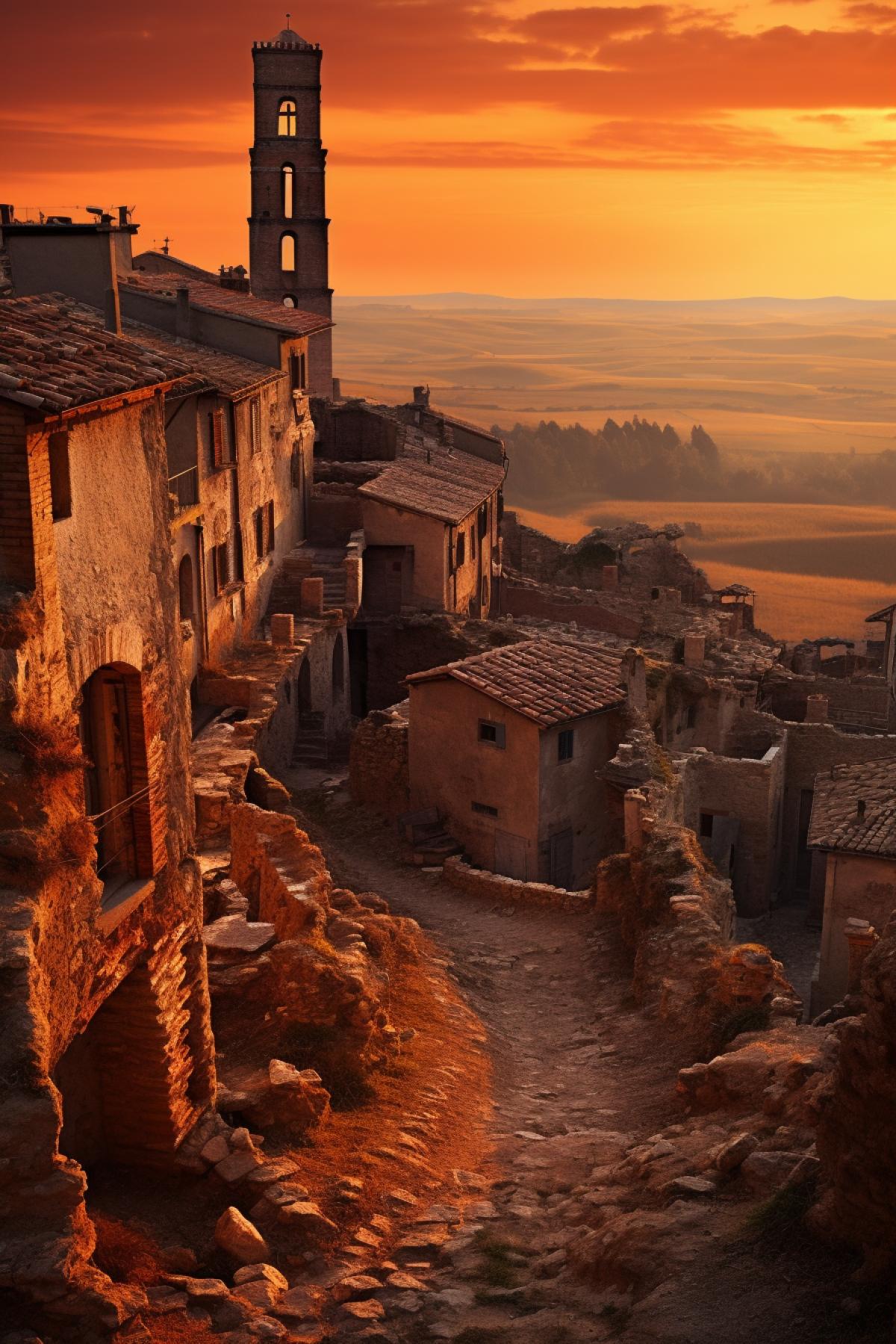 A towering abandoned old town stands against the horizon, its walls weathered by centuries of history. From its houses, one can see for miles around, the vast expanse of land stretching out below. The scene is set at dawn, with the first rays of sunlight illuminating the old town. The atmosphere is somber and solemn, a reminder of the history that has taken place here. The lighting effect is a soft, warm glow, casting deep shadows and emphasizing the age of the town