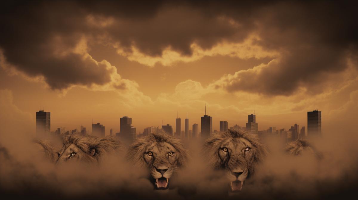 Desert gloomy overgrown jungle city of lions realism romanticism