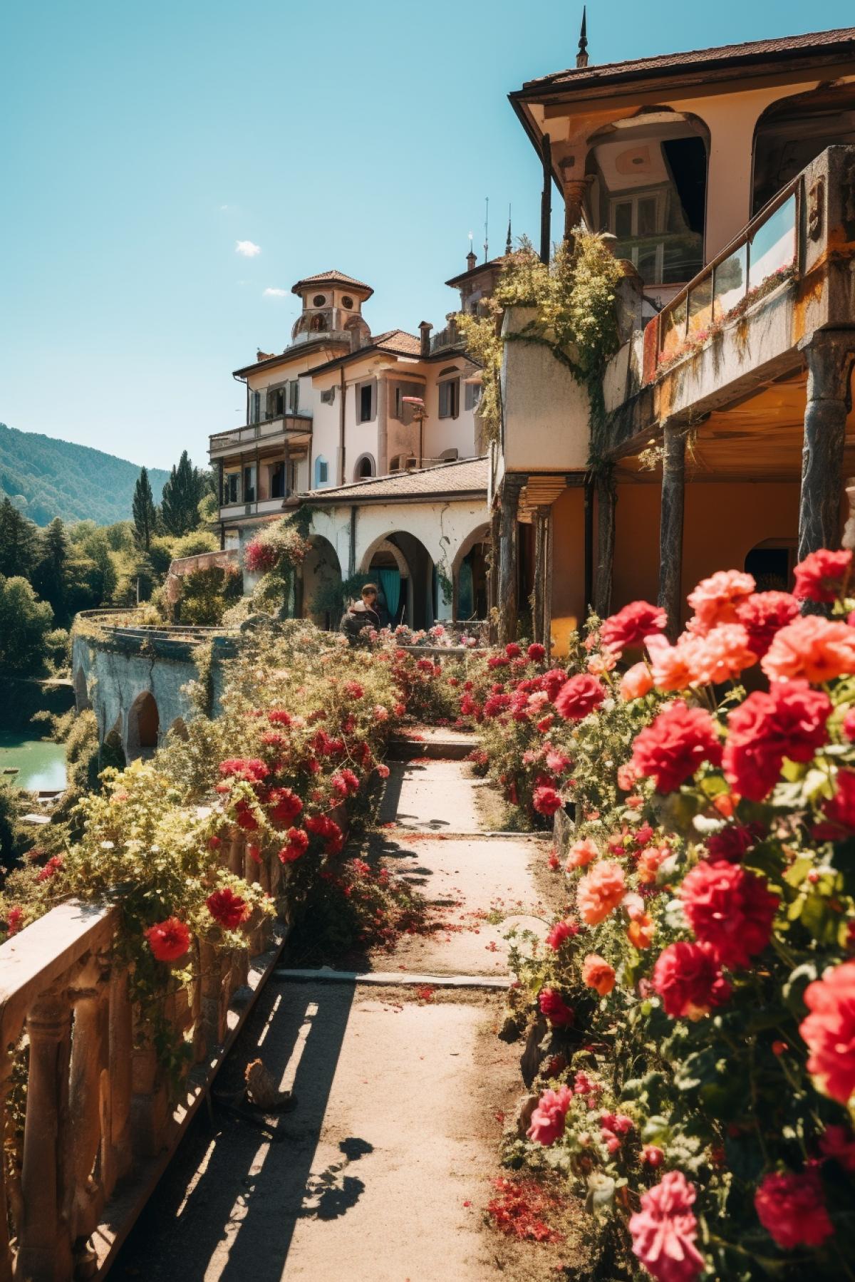 Abandoned Italian resort town, sunny day, a lot of flowers, peaceful atmosphere, incredible beauty