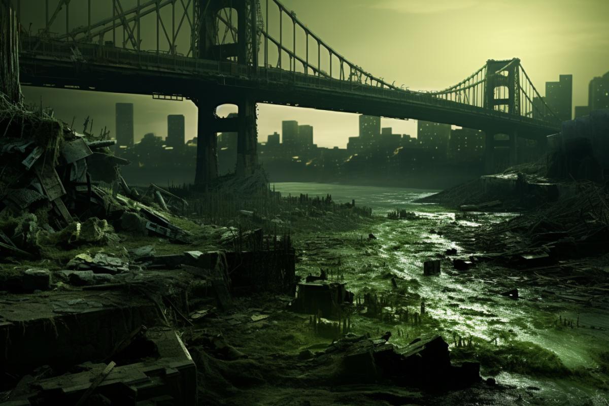 a scene of a decaying city on the edge of a wrecked bridge, in the style of light green, ethereal and otherworldly atmosphere, environmental activism, movie still, earthworks, iconic imagery, apocalypse landscape