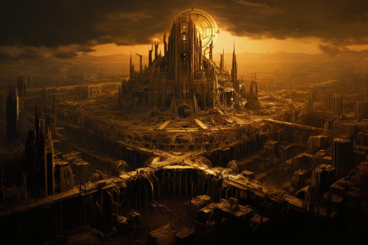 the city of the living dead, in the style of post-apocalyptic ruins, dark dark and gold, junglecore, ancient art, kushan empire, celestialpunk, structuralism