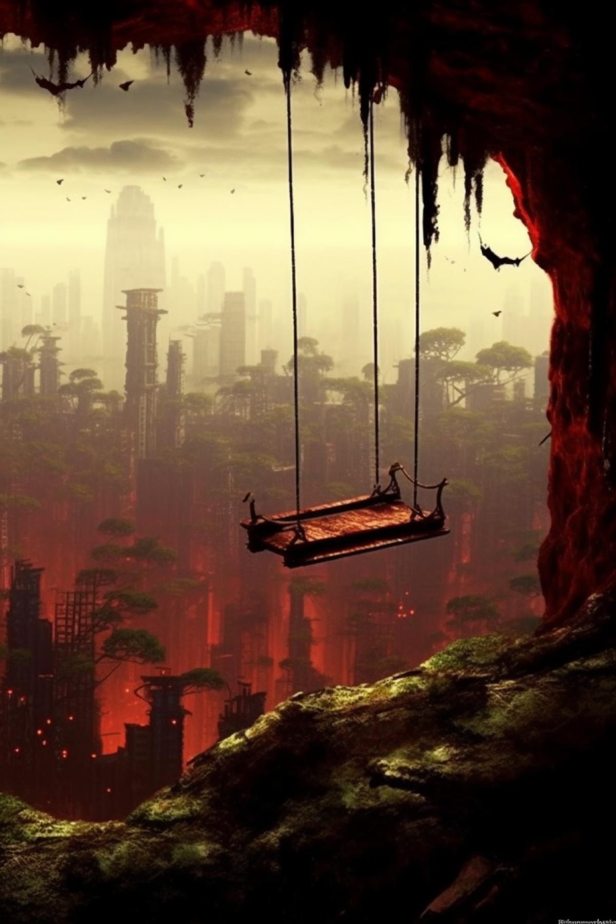 An abandoned city in which unknown creatures live, the city is made in dark red shades, a stone city overgrown with moss, in the middle of the city on a hill, a lonely swing made of boards and ropes is empty.