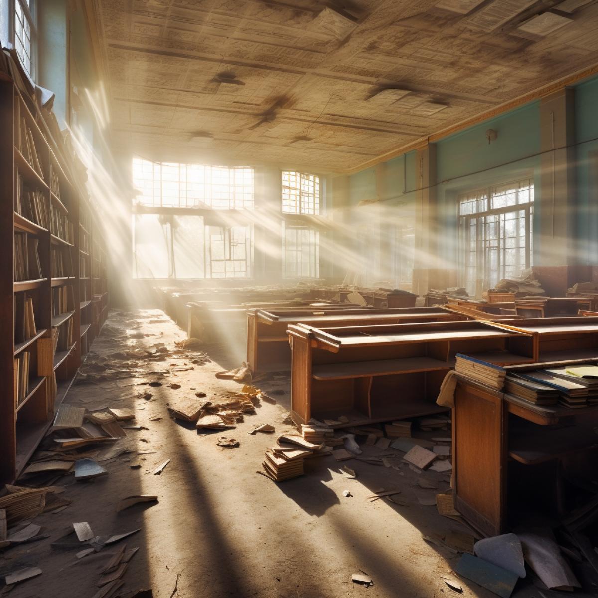 City library. Sunny morning. The rays of the sun illuminate the dust flying in the air. Art photography.