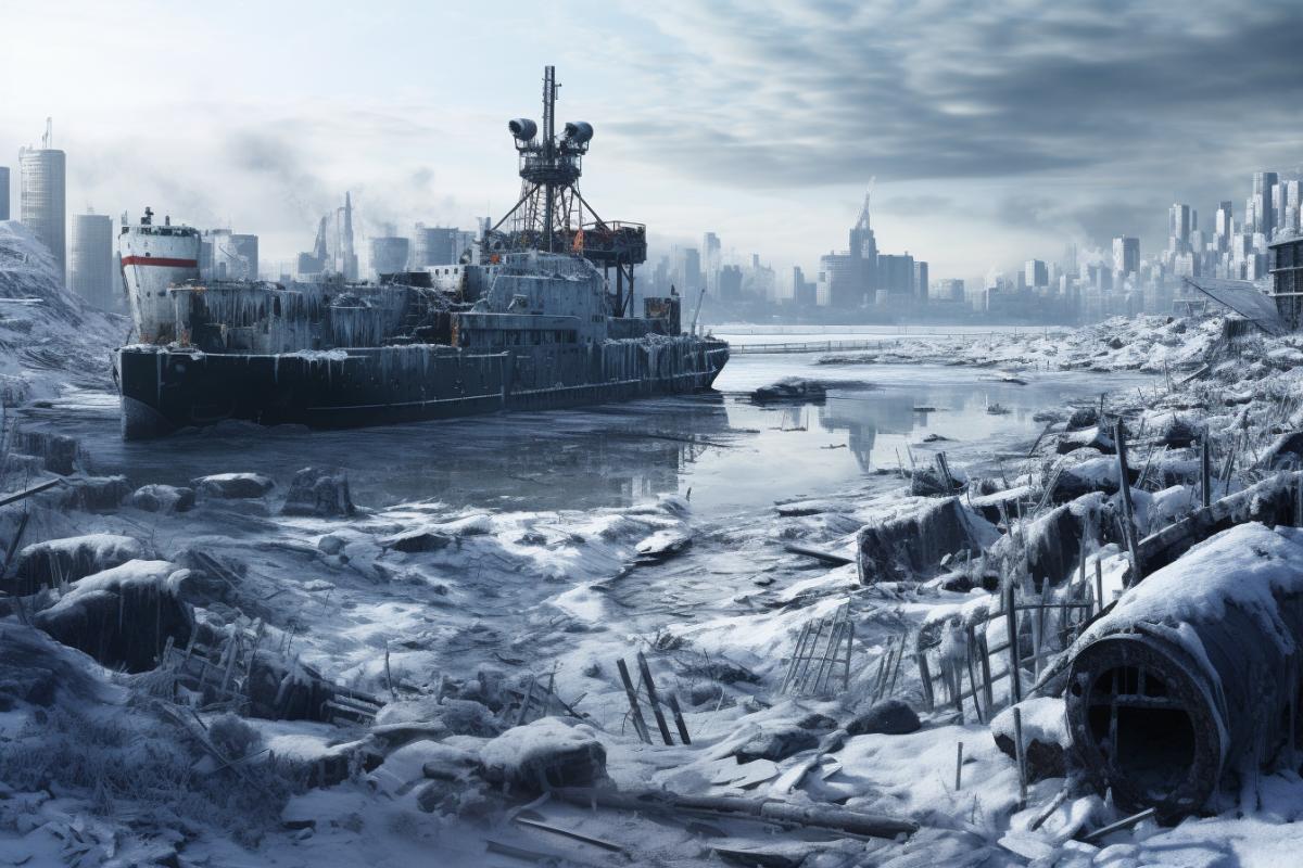ruined city and ship surrounded by ice and snow, in the style of photo-realistic hyperbole, apocalyptic visions