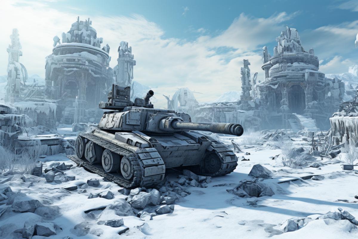 Ruined city and group of tanks surrounded by ice and snow, snow storm, in the style of apocalypse art, grandiose ruins,the style of photo-realistic hyperbole , zbrush, uhd image, viktor vasnetsov, rusty debris