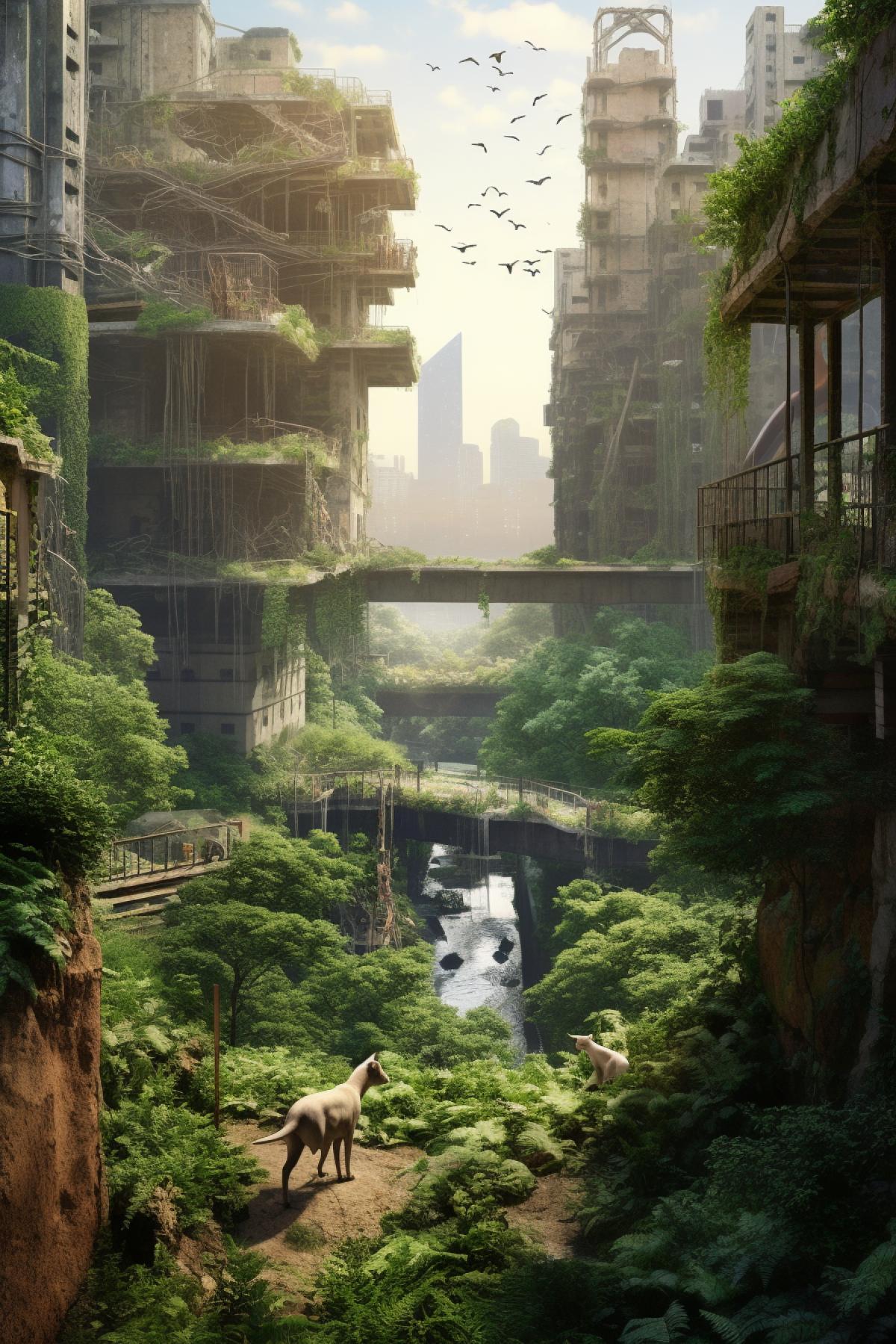 An abandoned city with greenery and wild animals walking in this city