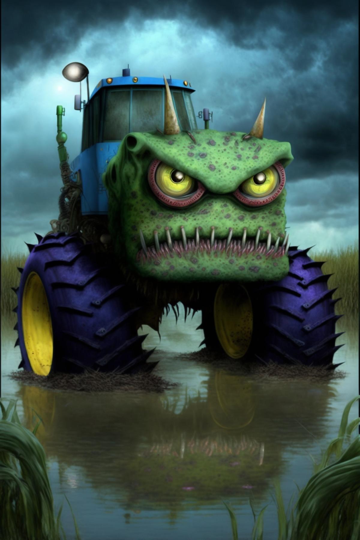 Anthropomorphic evil tractor curses everyone in the swamp