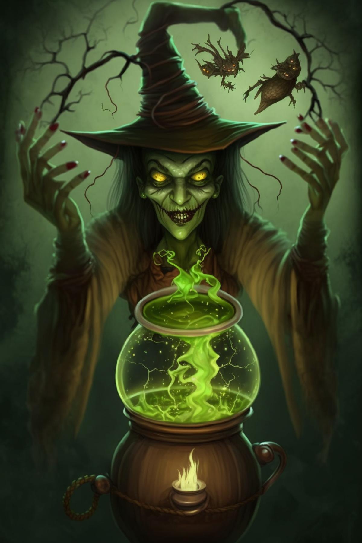 The evil witch is making a potion out of people! Filled with an ominous light, horror.