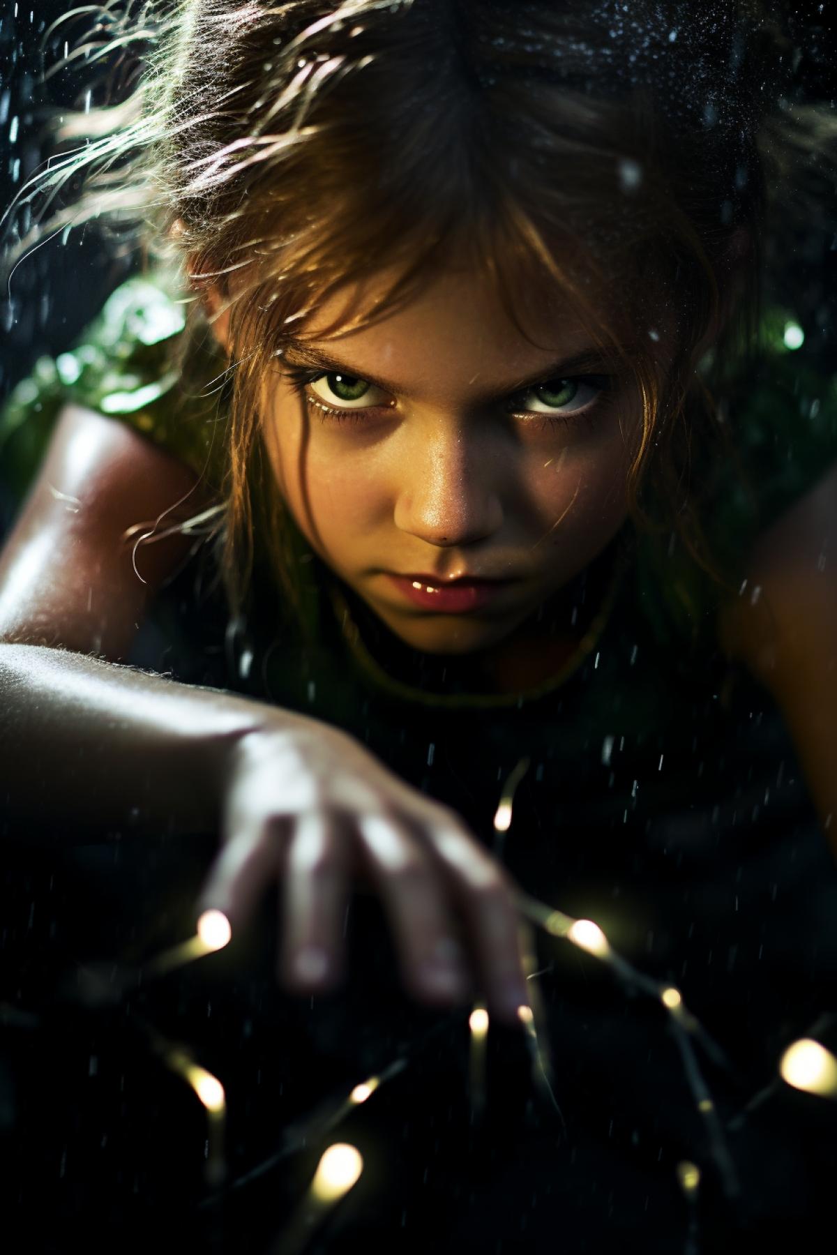 evil Tinkerbell in a dark alley at night, lightning bolts shoot from her eyes. Macro