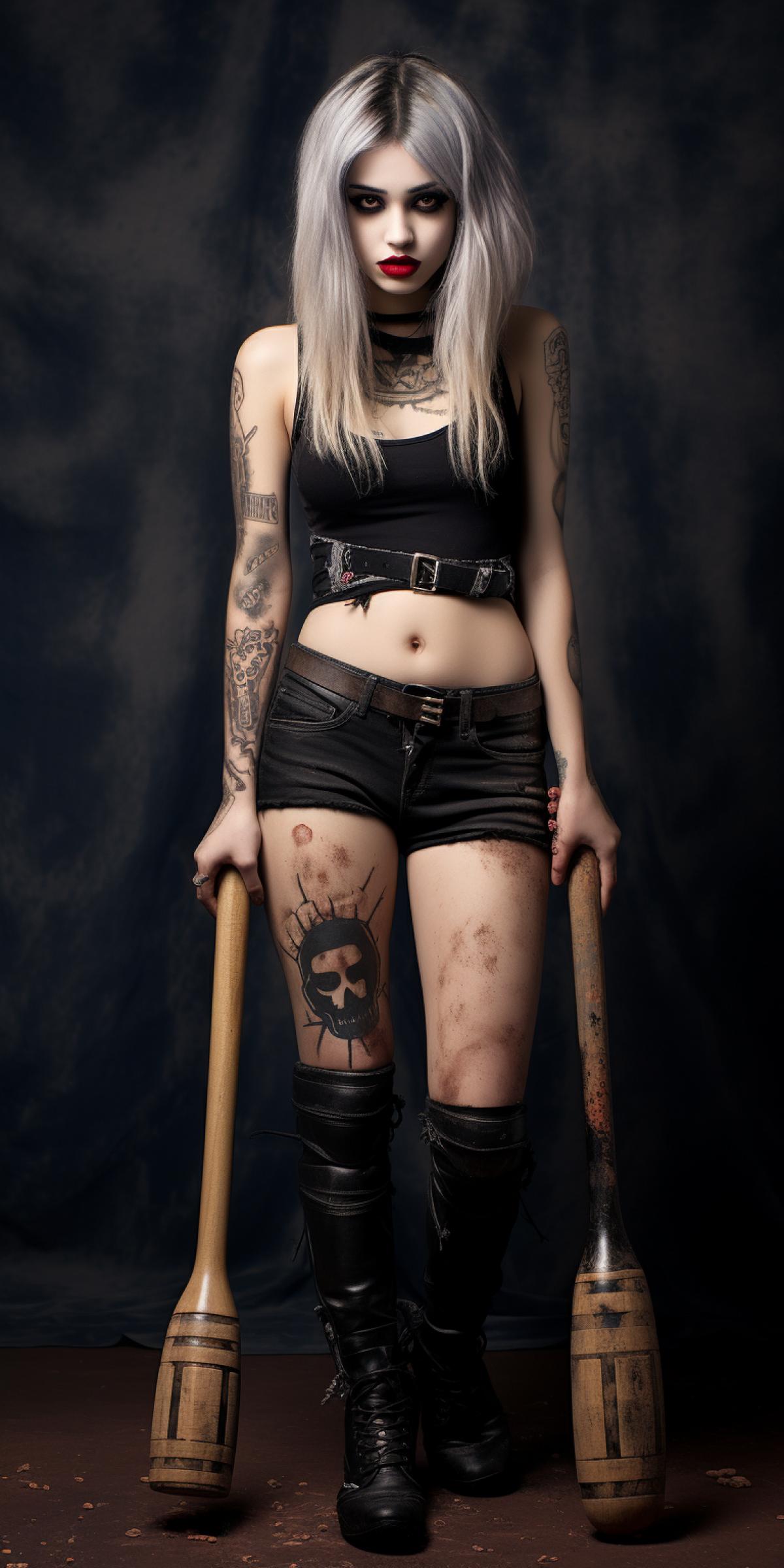 ultra detailed and ultra realistic looking full body portrait of gorgeous looking Harley Quiinn holding baseball bat, wearing two pigtails, wearing punk rock dark boots, detailed broken dreams background, wallpaper cover poster