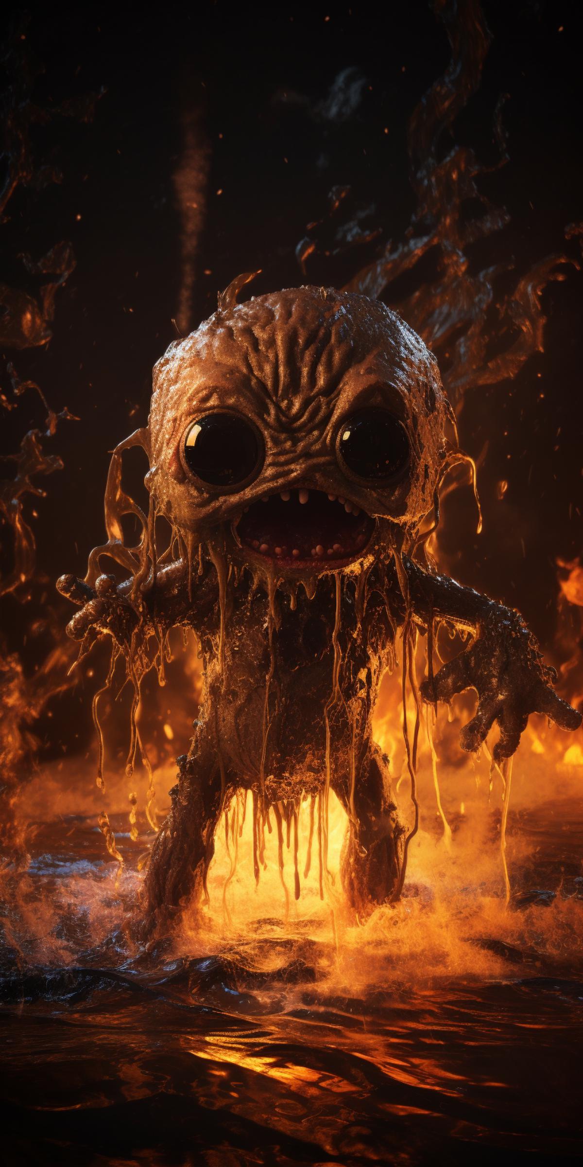 a big upset baby bog monster running out of a tar pit covered in dripping dark tar, sticky cobwebs, evil flames destruction scene