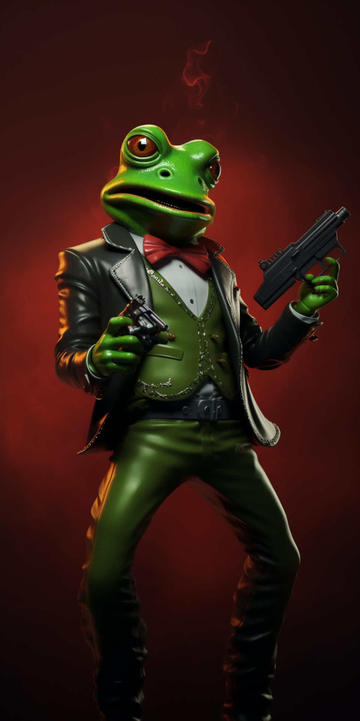 evil frog man with mafia outfit, moustache and firegun, spaceship background