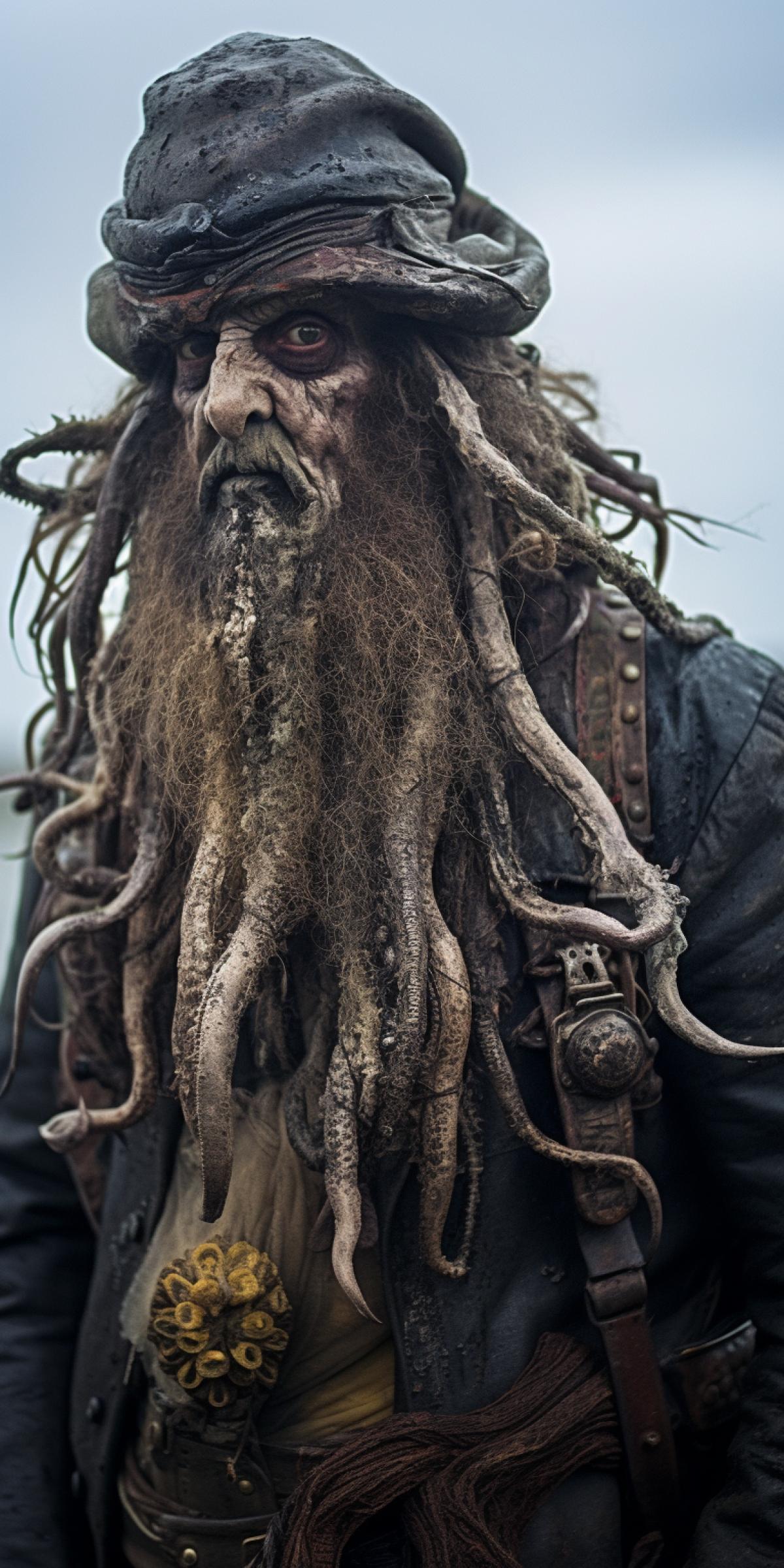 mouldy, damp, oily, lovecraftian sea people, davy jones Sea pirate, tentacle beard, octopus face, in traditional weathered pirate outfit, hook for hand, trifold hat, captains jacket, weather worn and disintergrating and adorned with seaweed + molluscs + barnacles, embellished ornate horror aesthetic, symetrical face, symetrical eyes, hyper nightmarish, presence of evil, dynamic 4k, dynamic com4k, extremely sharp lines, portrait, finely detailed, cinematic lighting, volumetric lighting, intricate filigree metal design, 8k, Unreal engine, octane render, realistic, volumetric lighting,