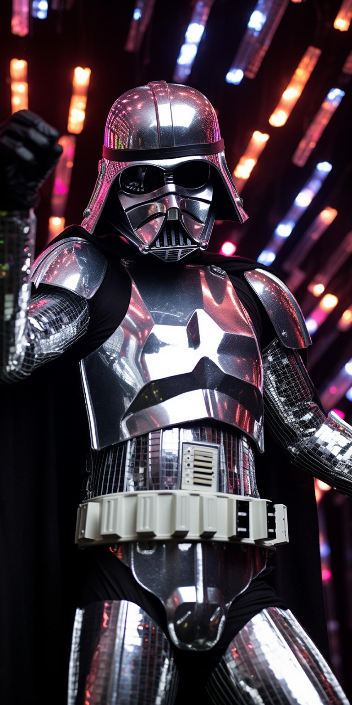 sequined stormtrooper, couldnt avoid disco darth vader so the dance battle began in earnest, dramatic disco lighting