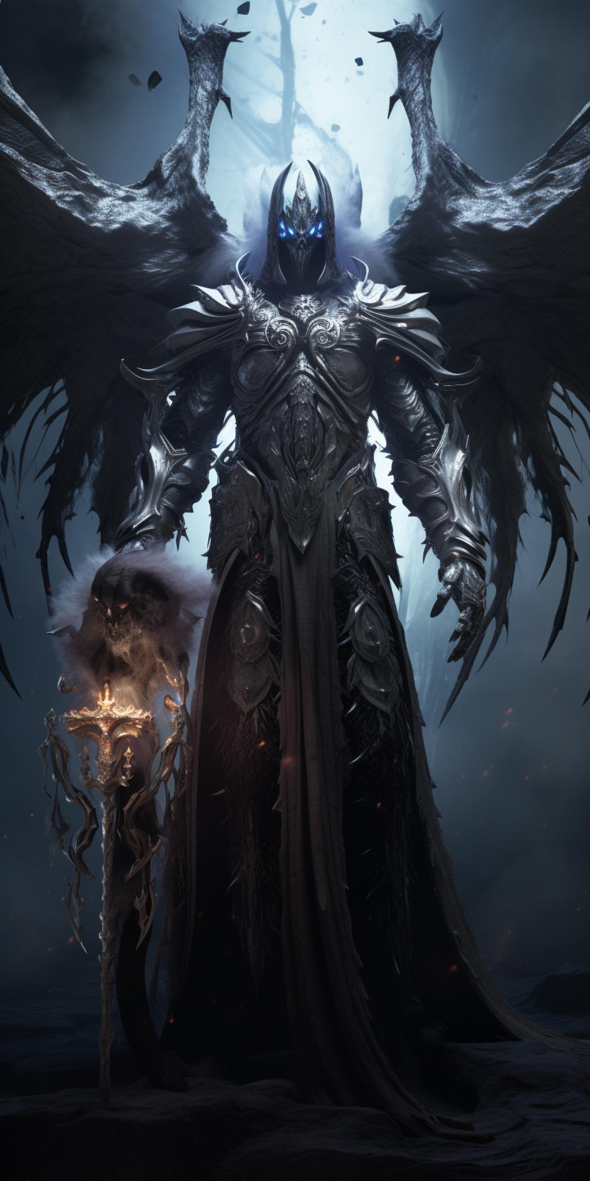 character creation, hyper detailed male angel lich lord, standing next to his phylactery, powerful necromancer, dnd, final boss, fantasy character art, evil intense lighting, energetic textures, photo realism, ultra wide, full body image, 4k, extremely detailed digital rendering