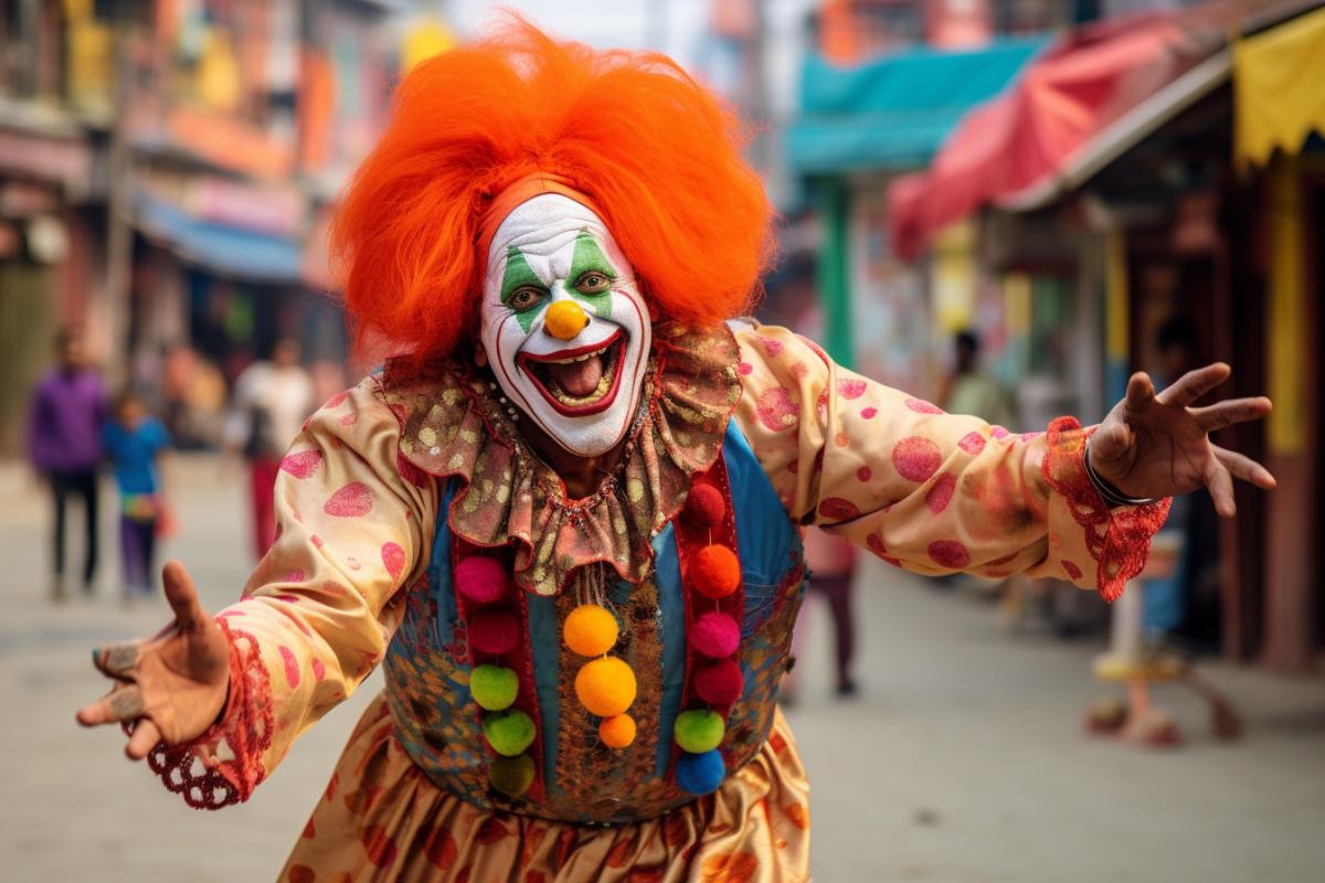 Pennywise, Bollywood style, bright, colorful, dancing, songs, Indian village market square, clear day