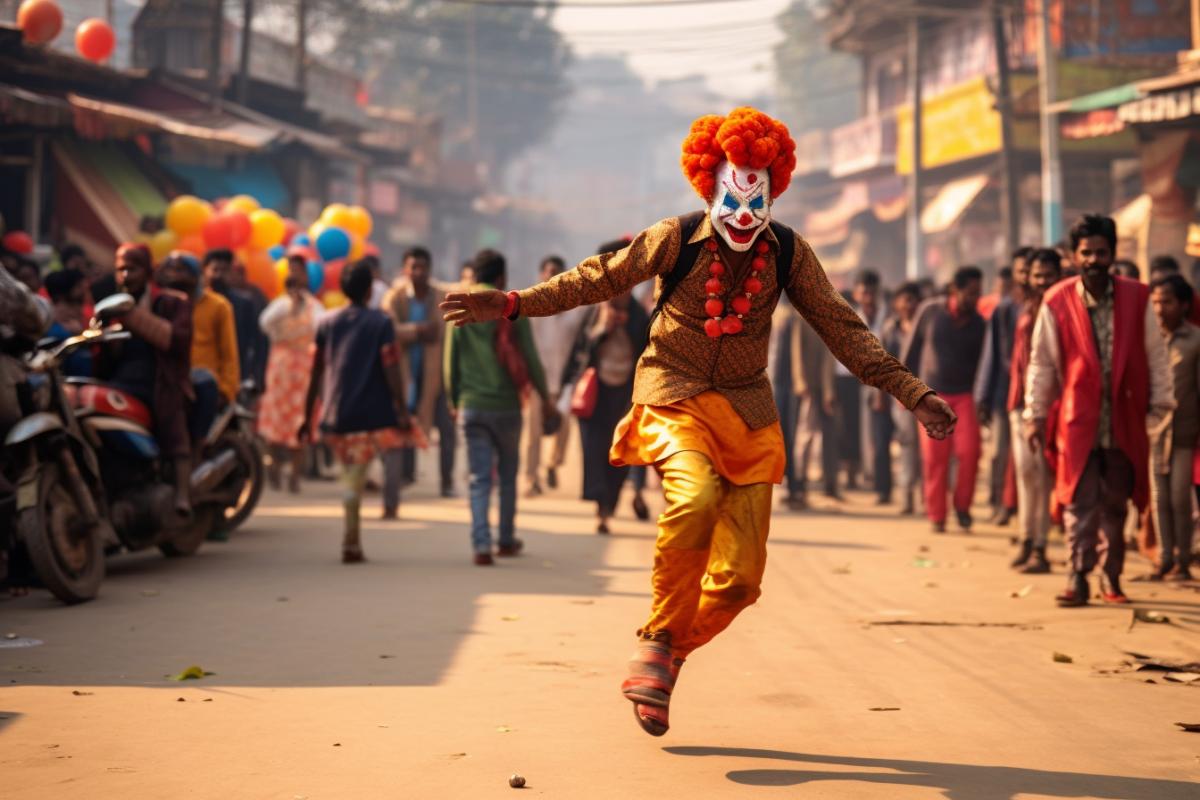 Pennywise, Bollywood style, bright, colorful, dancing, songs, Indian village market square, clear day