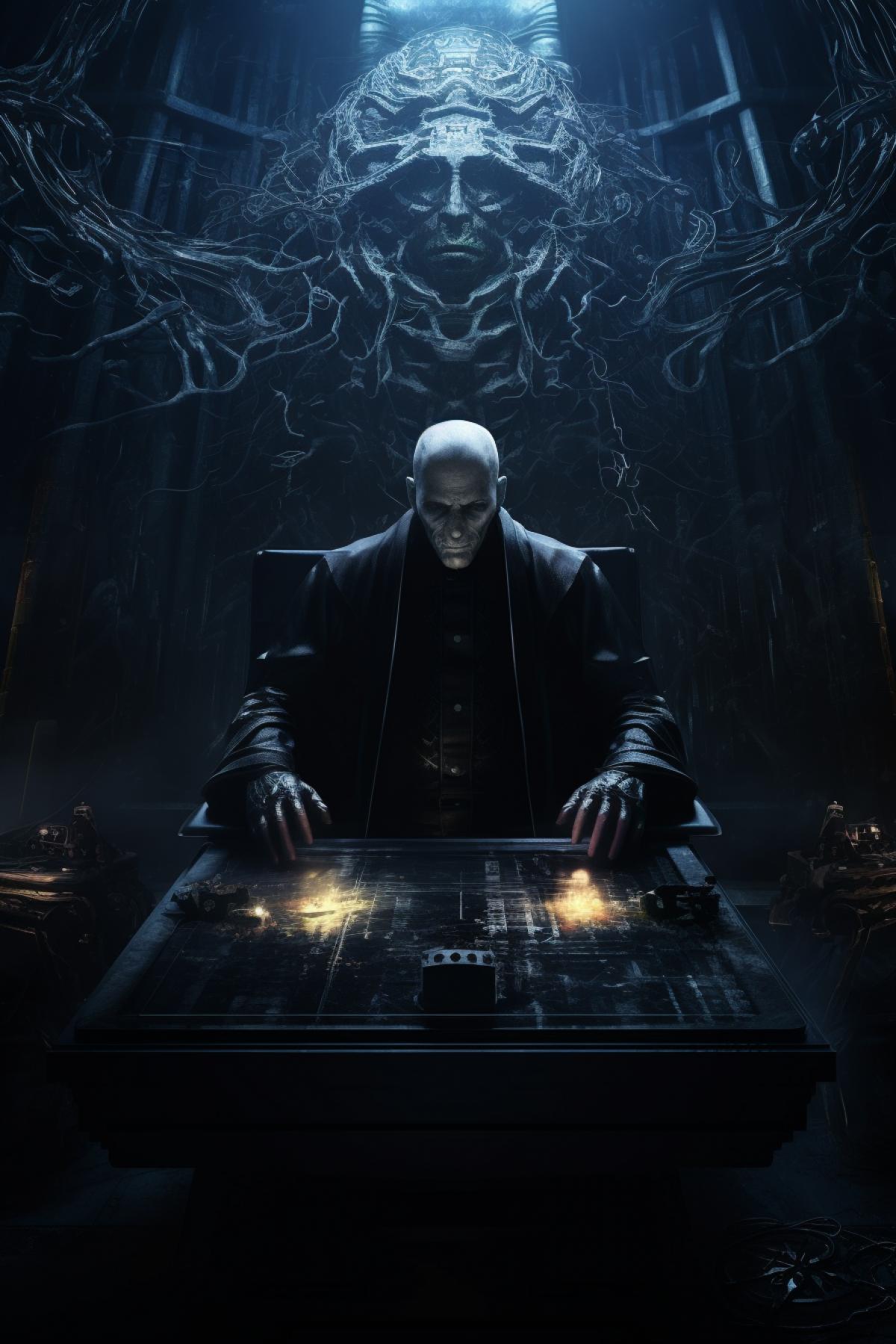 A villain mastermind in a grand, shadow-filled lair, plotting the worlds demise over a futuristic holographic map, dark and moody lighting, sinister expression, cybernetic enhancements, sleek, high-contrast, digital painting, artstation, artwork by H.R. Giger and Yoji Shinkawa, trending on Artstation, intricate details, cold metallic tones