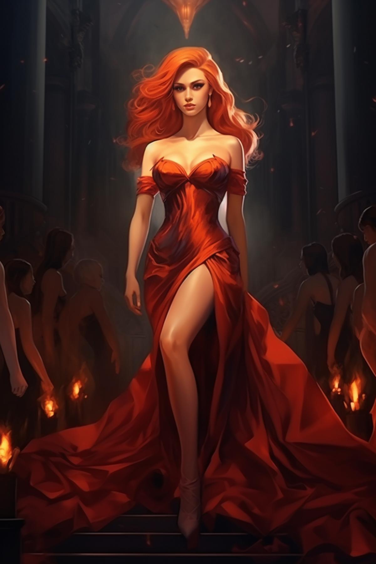 The girl-zdodeyka stands alone luxury on the head of the enemy and, leaning towards him, she smirks, the girl has red straight hair, she is dressed in a fiery dress, she has heels from her shoes. The whole com4k is made in the style of anime realism in bright red colors.