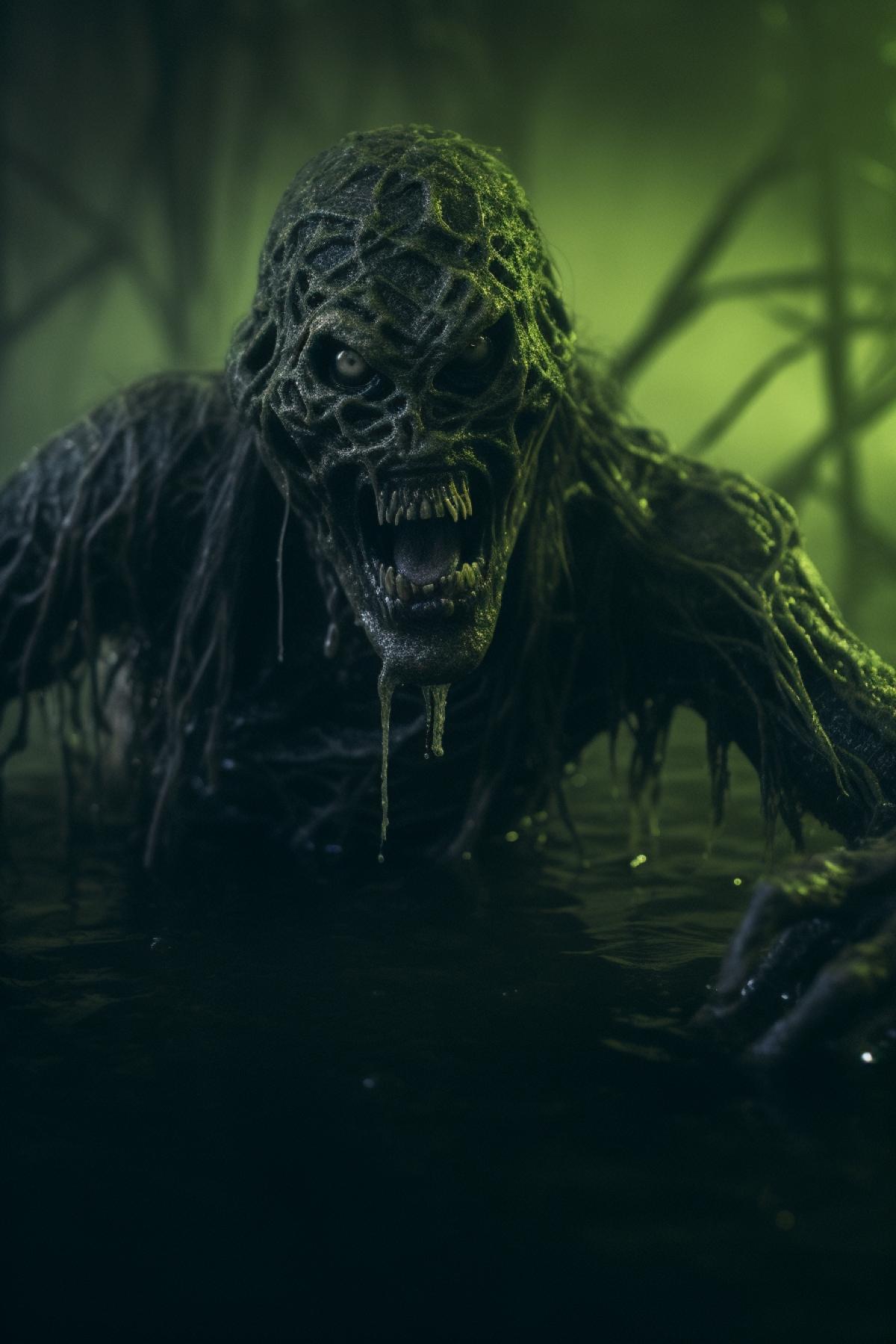 Swamp creature lurking in murky waters, glowing green eyes, moss-covered skin, tentacles reaching for prey, dramatic lighting, slimy texture, horror movie atmosphere, filmed with Fujifilm Superia