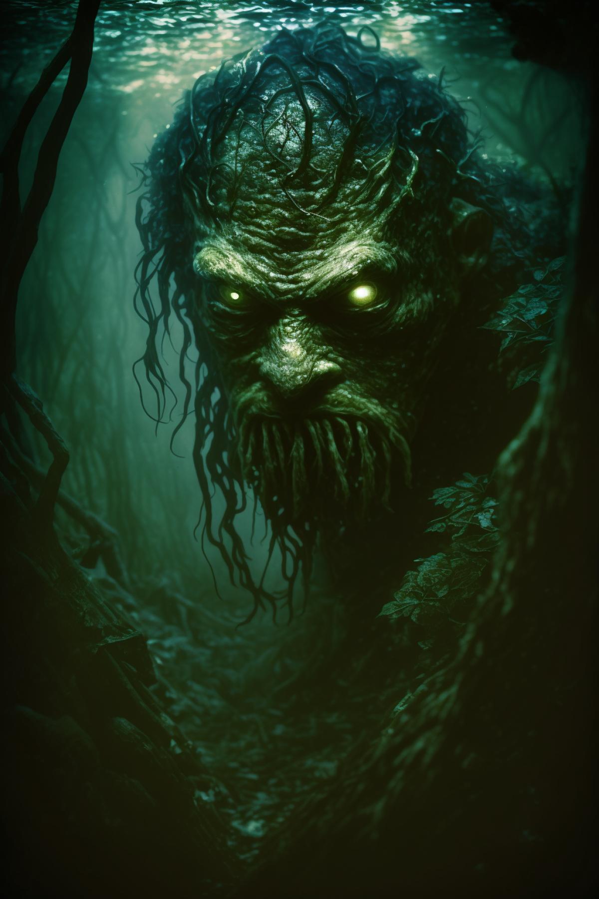 Swamp creature lurking in murky waters, glowing green eyes, moss-covered skin, tentacles reaching for prey, dramatic lighting, slimy texture, horror movie atmosphere, filmed with Fujifilm Superia