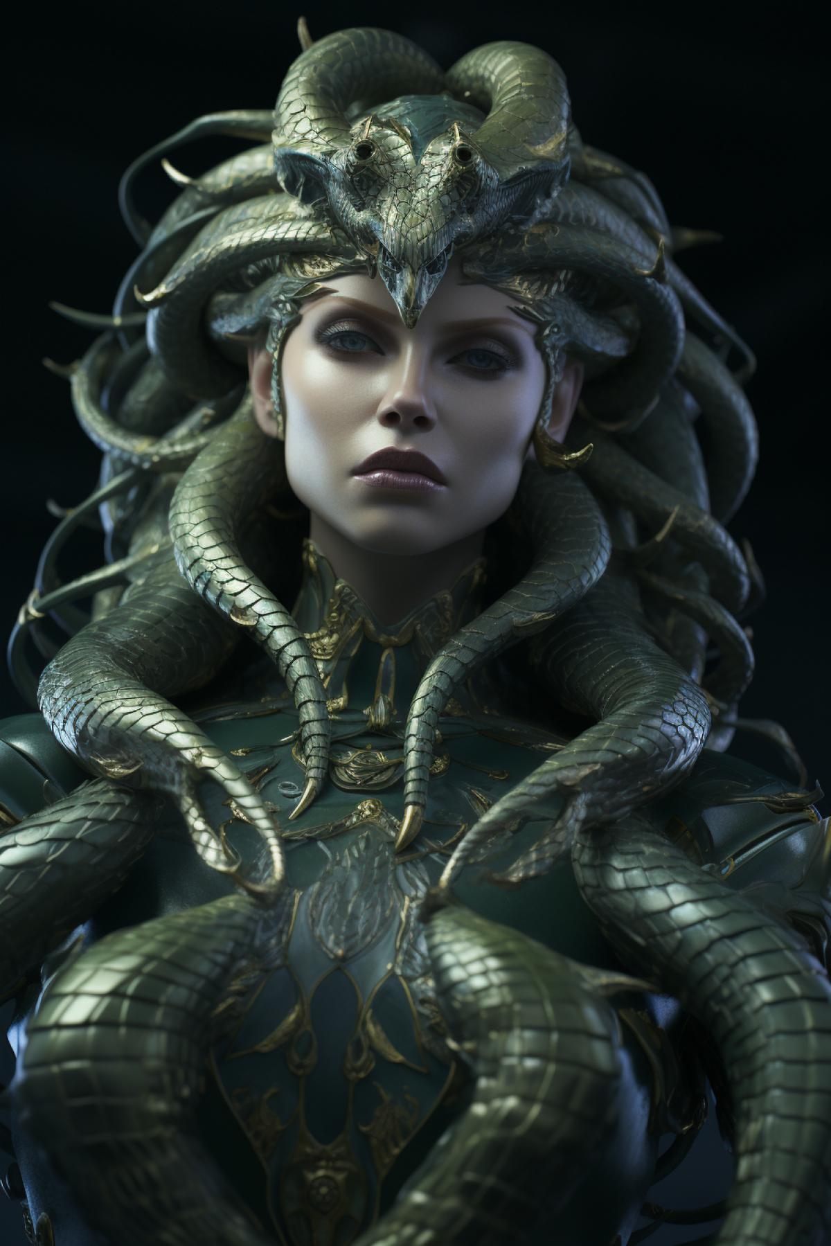 ((bestquality)), ((masterpiece)), ((realistic)), Medusa, the body of the snake monster, the human face and upper body, the hair is com4kd of countless small snakes, green eyes, female face, metal luxury , regal, Trending on ArtStation, sharp focus, studio photo, intricate details, very detail, detailled eyes, illustration, very detail, sharp focus, digital rendering, professional, 4k