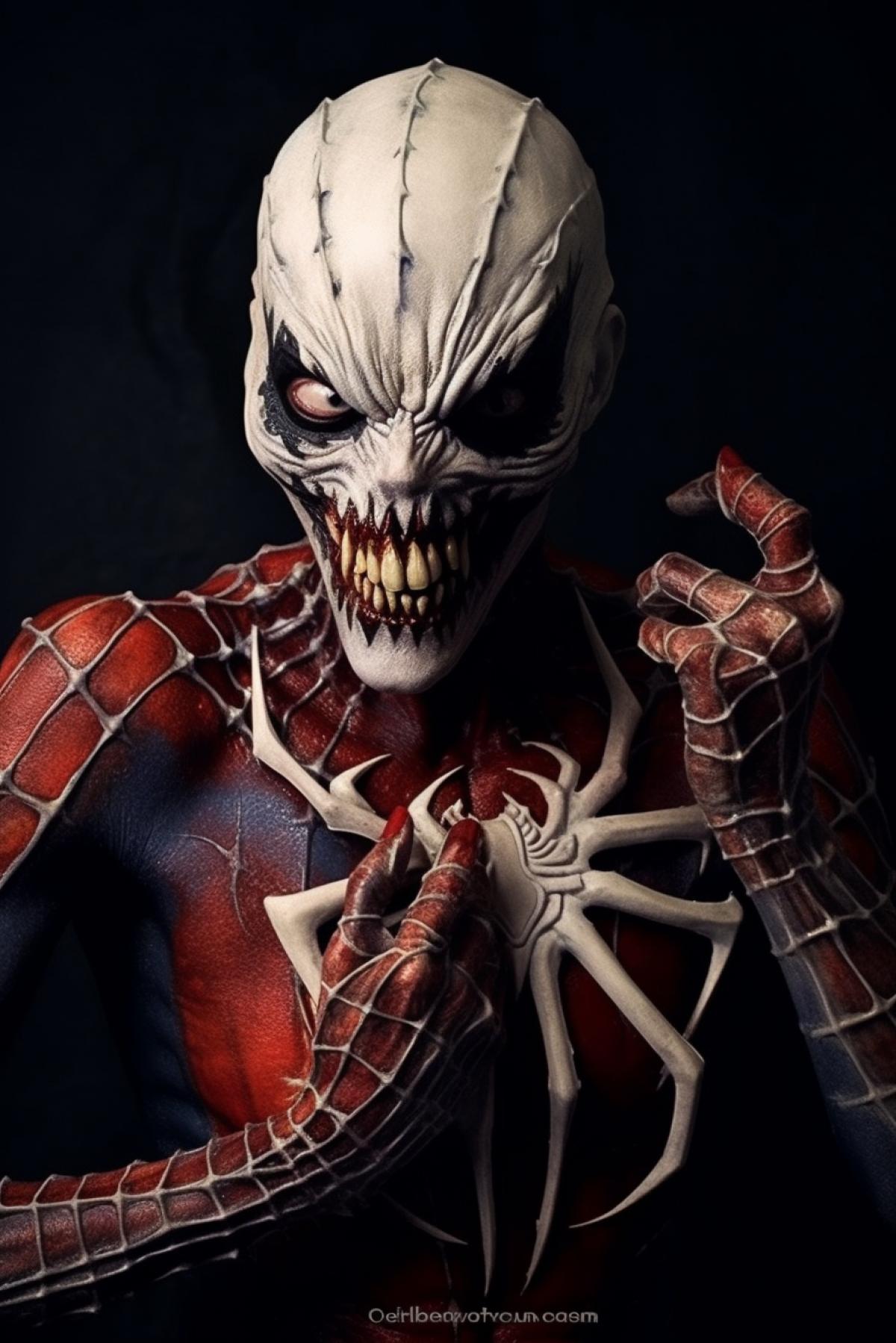 Make a spiderman villain. He has terribly scary fangs, 6 arms with spikes, foam from his mouth and he holds a girl twisted into a web, whose eyes bleed